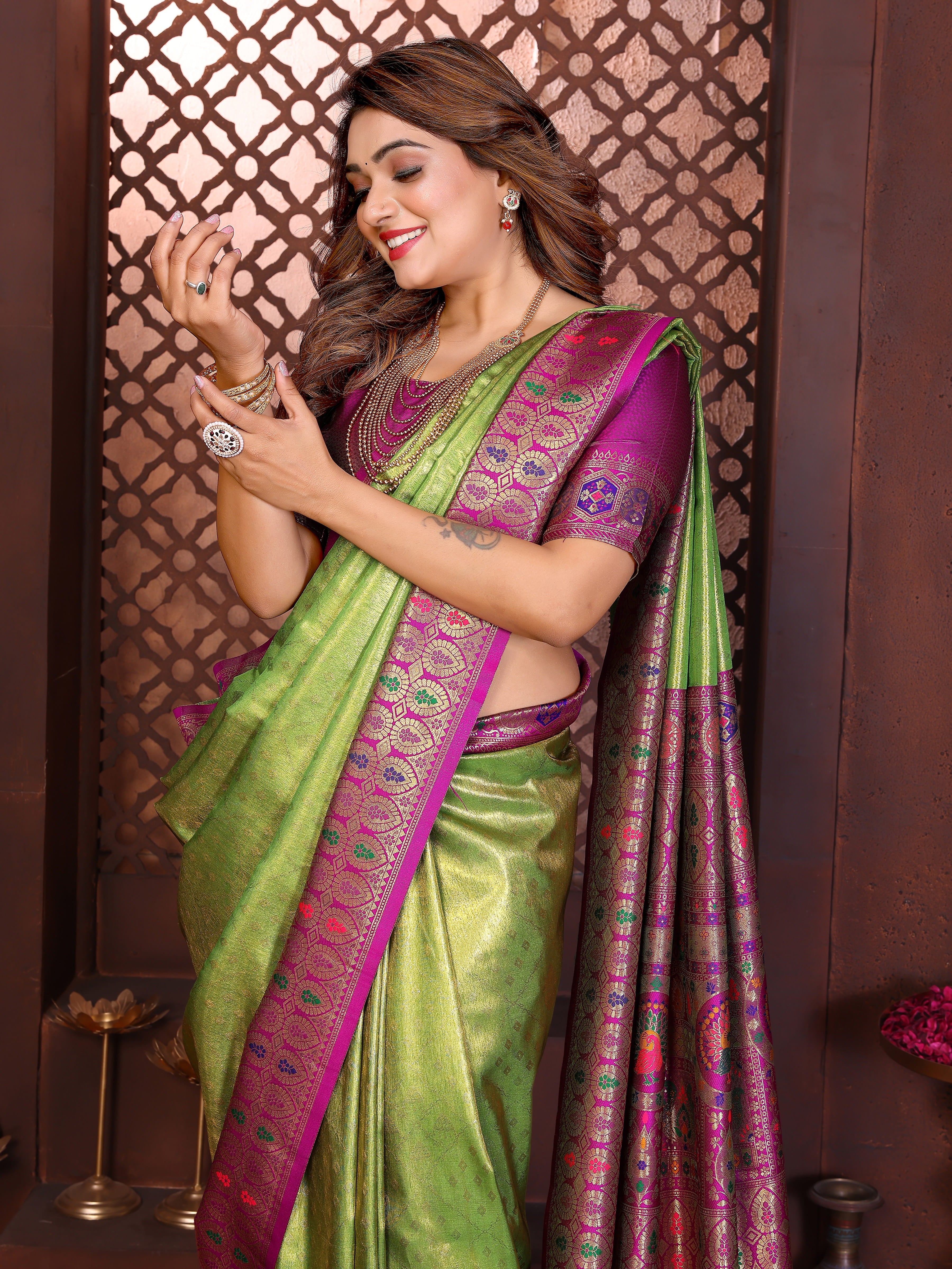 Parrot Green & Magenta Banarasi Tissue Silk Saree
