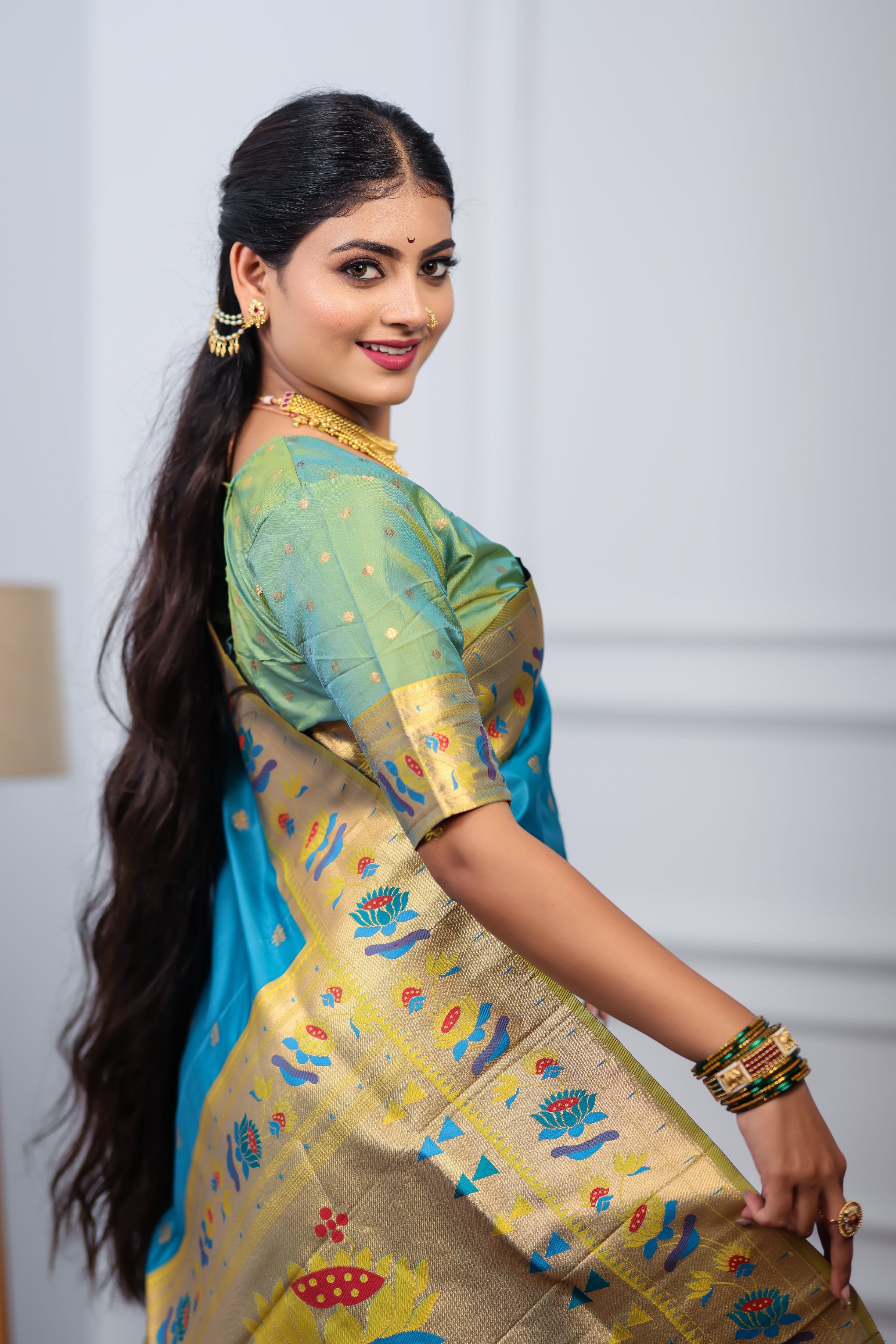Aqua Blue Paithani Soft Silk Saree