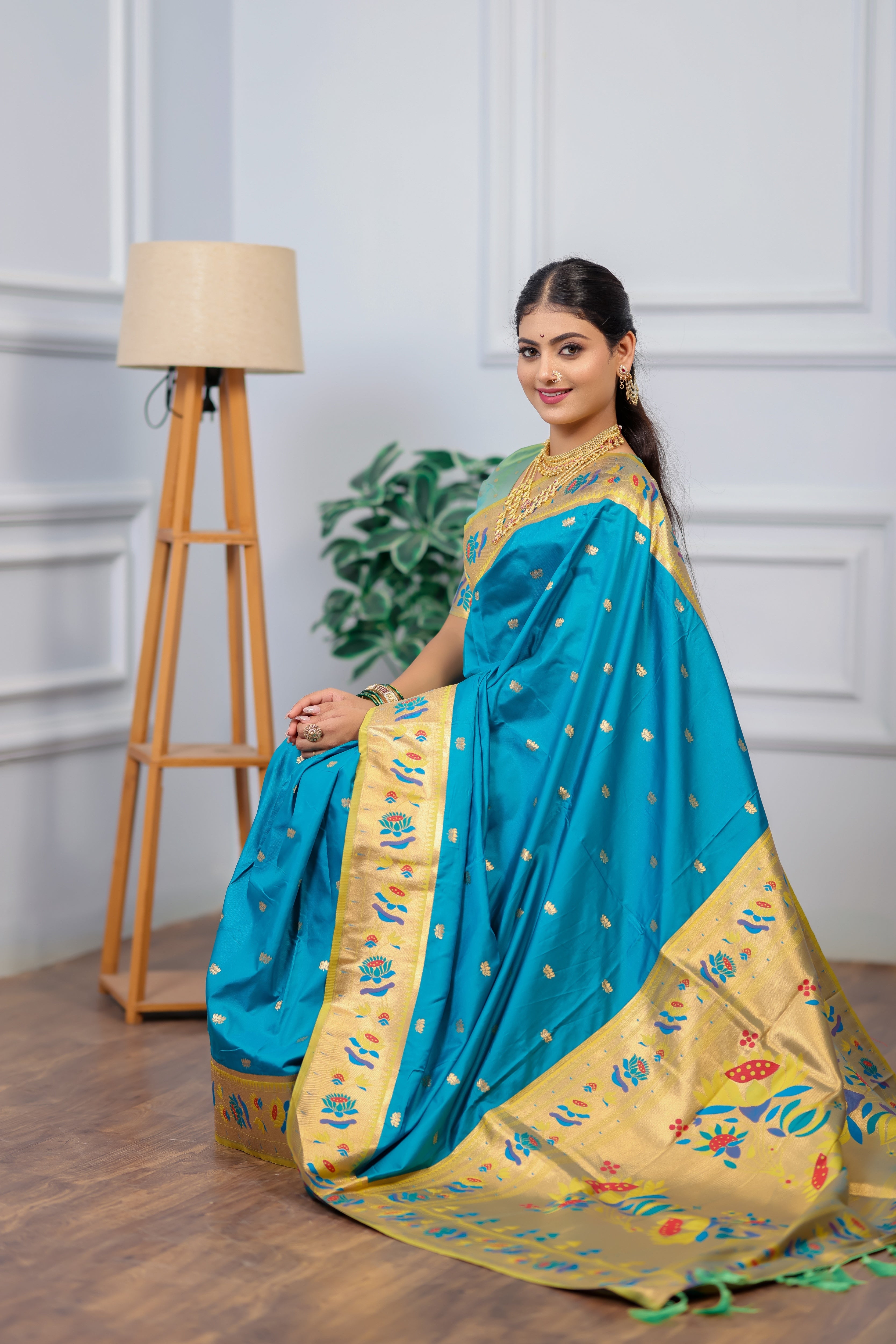 Aqua Blue Paithani Soft Silk Saree
