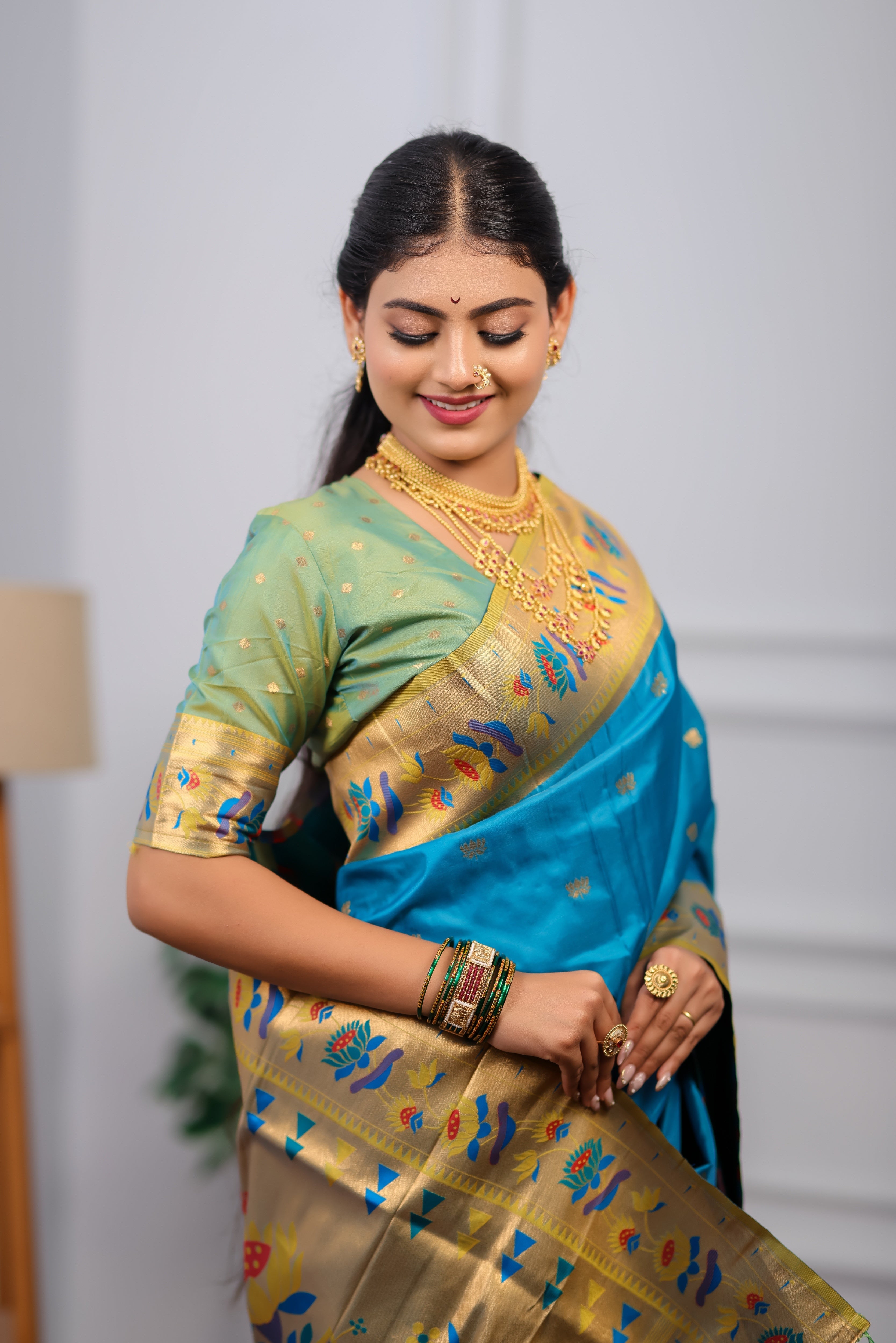Aqua Blue Paithani Soft Silk Saree