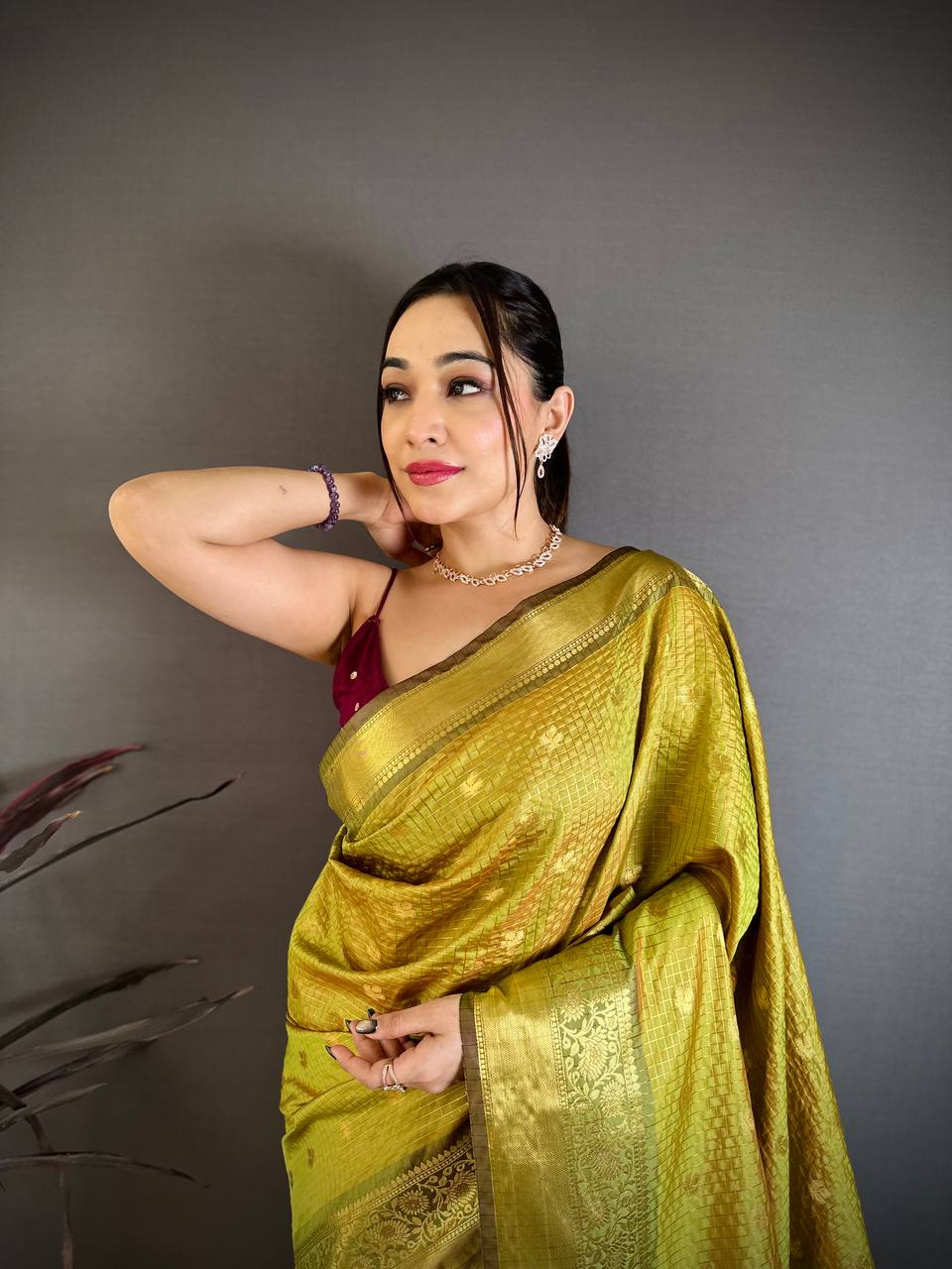 Avocado Green Banarasi Soft Tissue Silk Saree