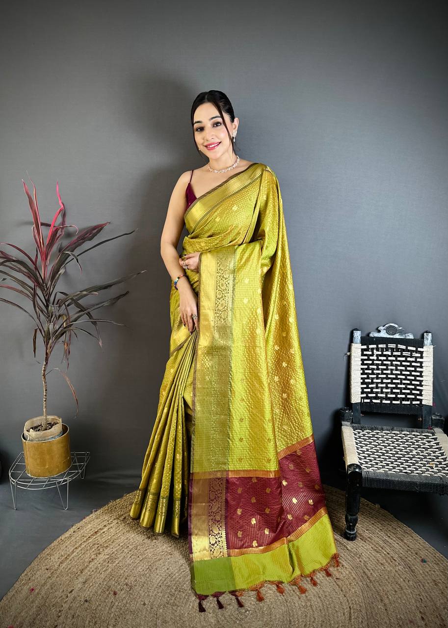Avocado Green Banarasi Soft Tissue Silk Saree