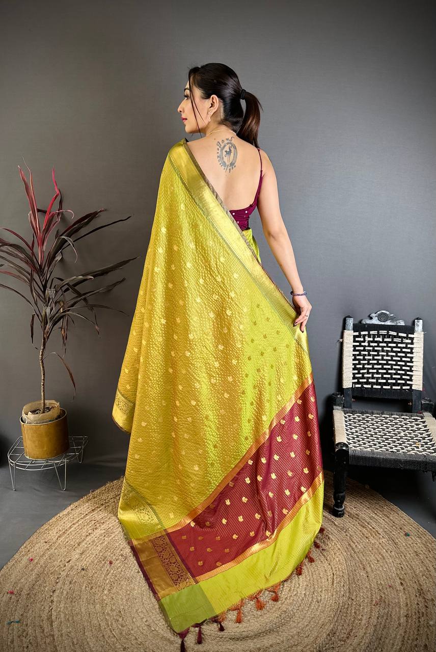 Avocado Green Banarasi Soft Tissue Silk Saree
