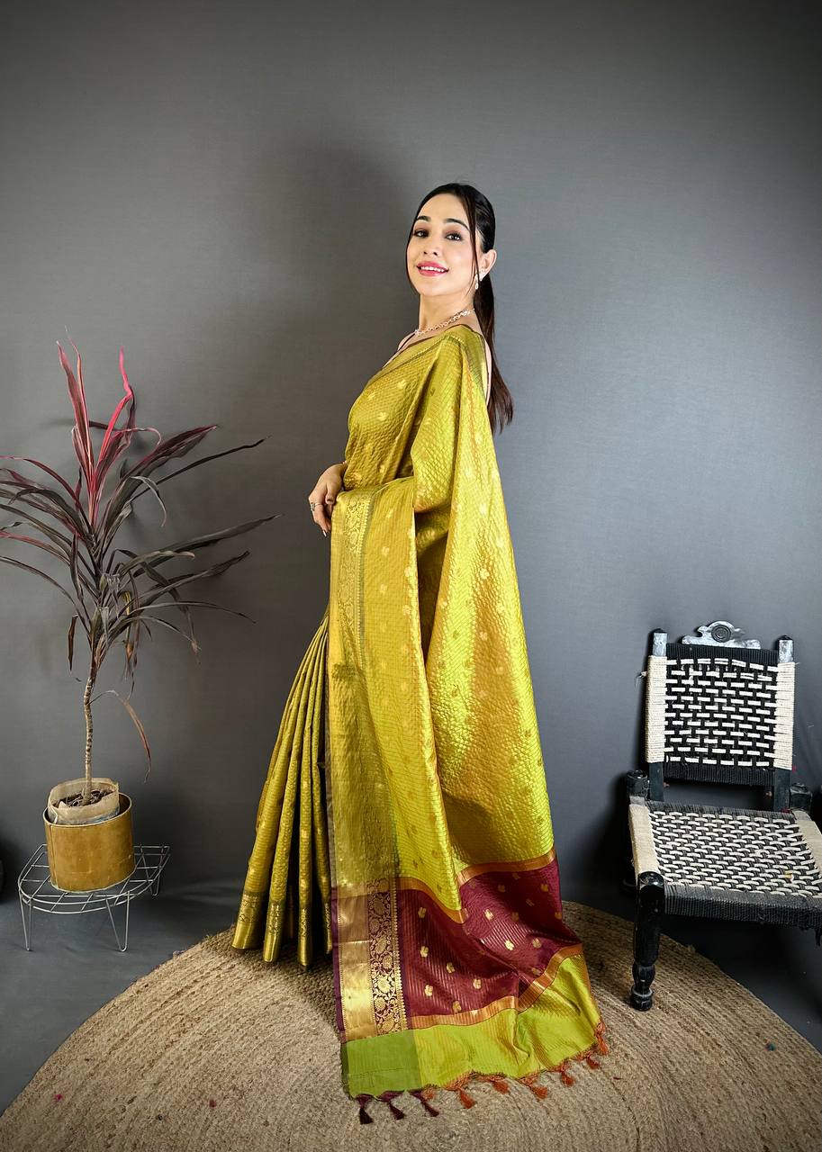 Avocado Green Banarasi Soft Tissue Silk Saree