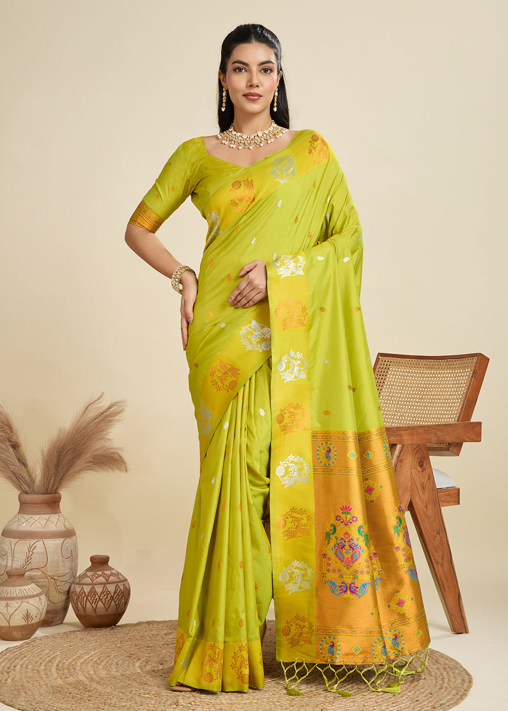 Avocado Pure Soft Kanjivaram Paithani Silk Saree