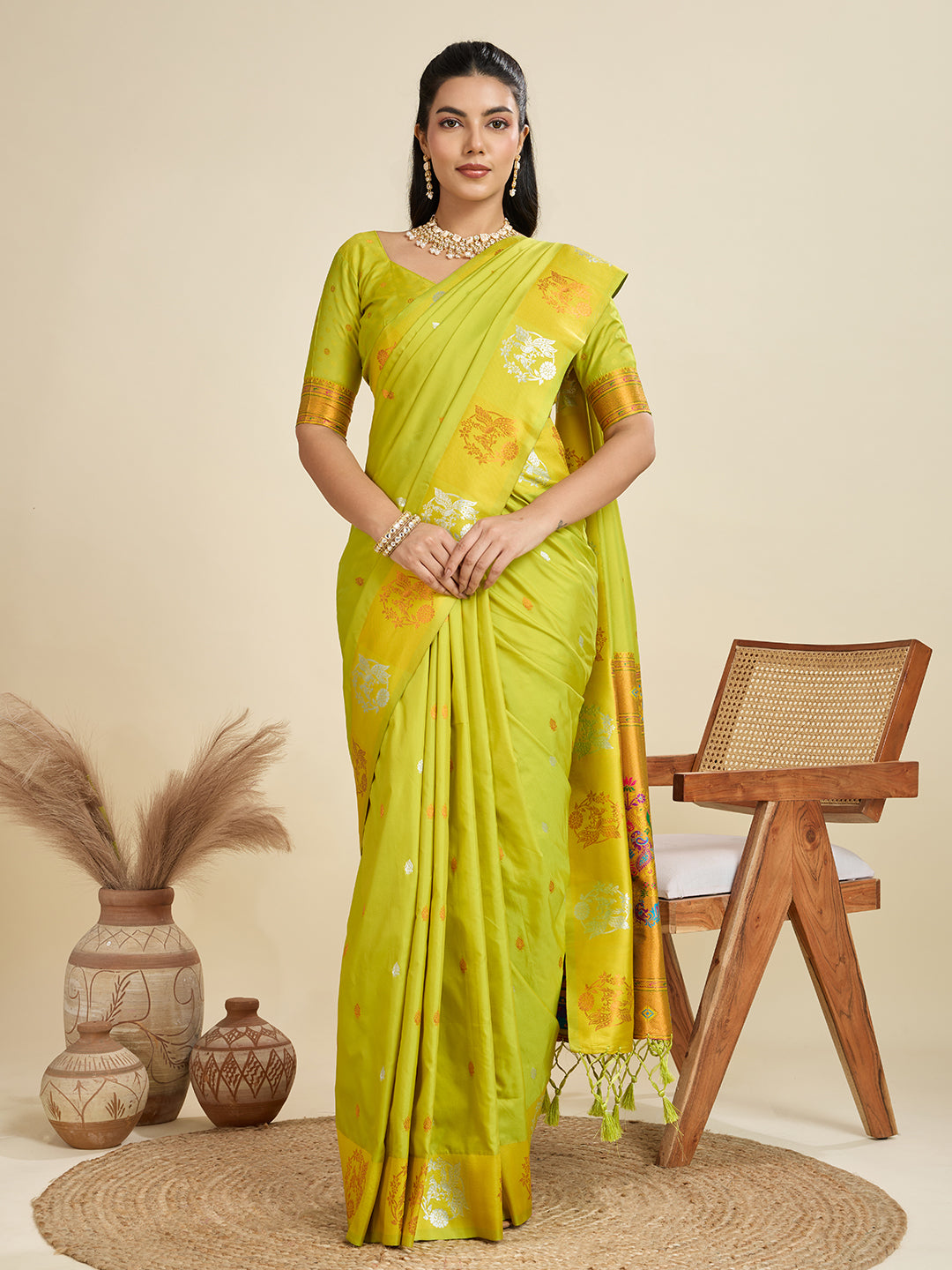 Avocado Pure Soft Kanjivaram Paithani Silk Saree