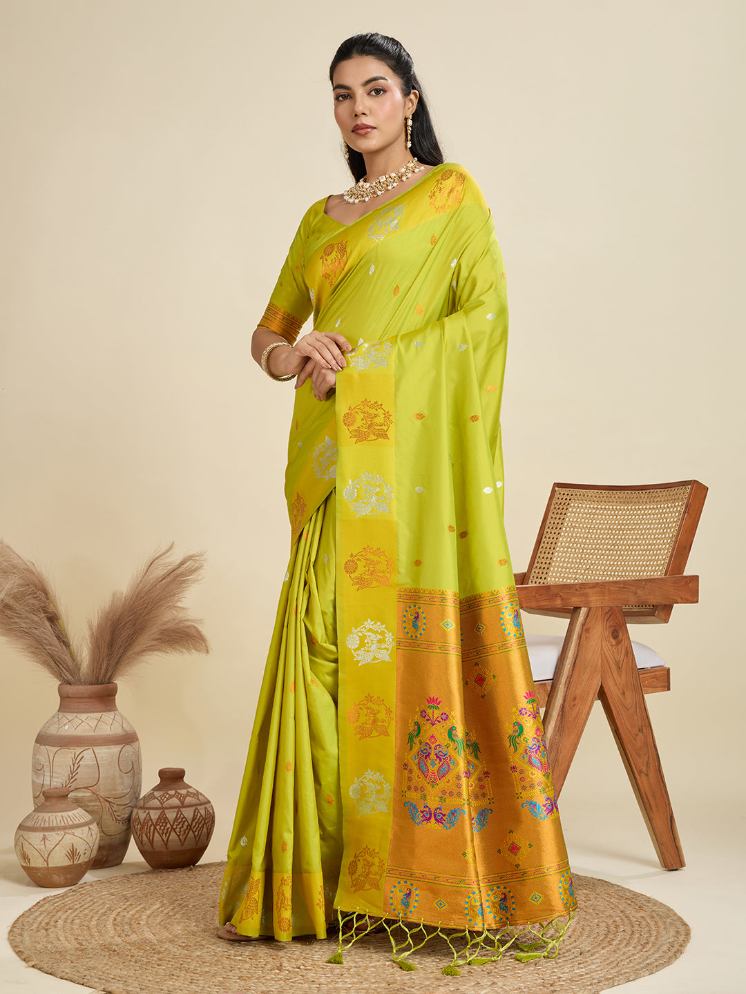 Avocado Pure Soft Kanjivaram Paithani Silk Saree