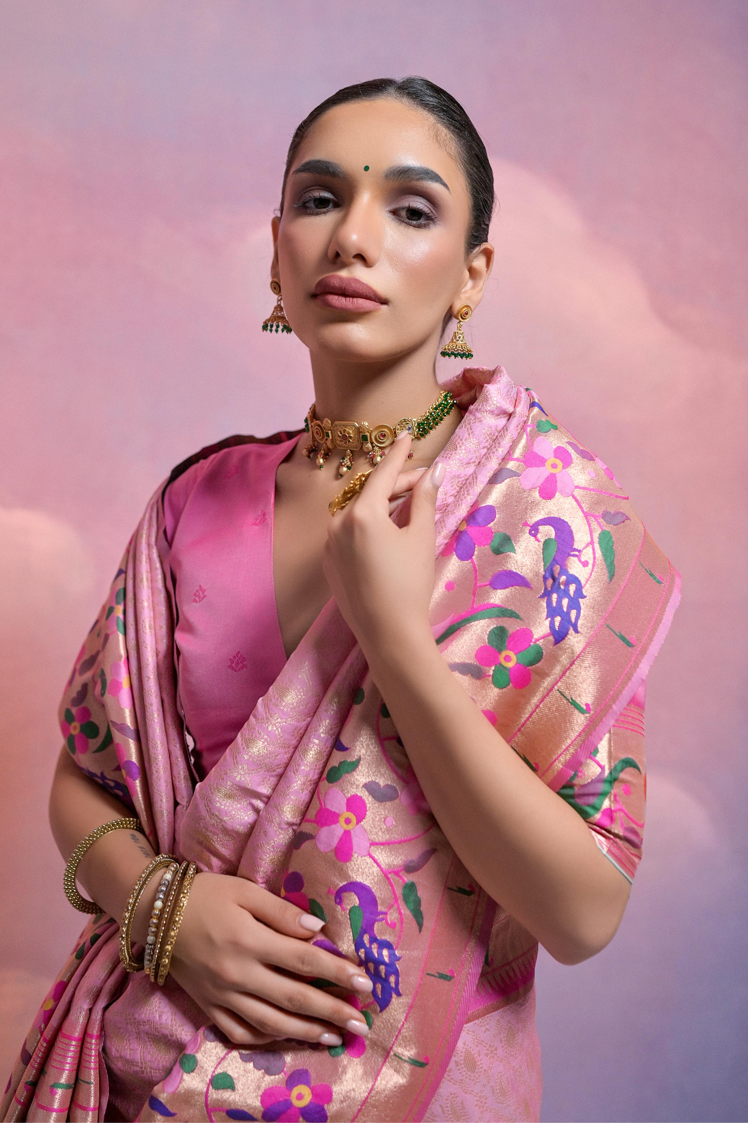 Baby Pink Banarasi Silk Paithani Saree