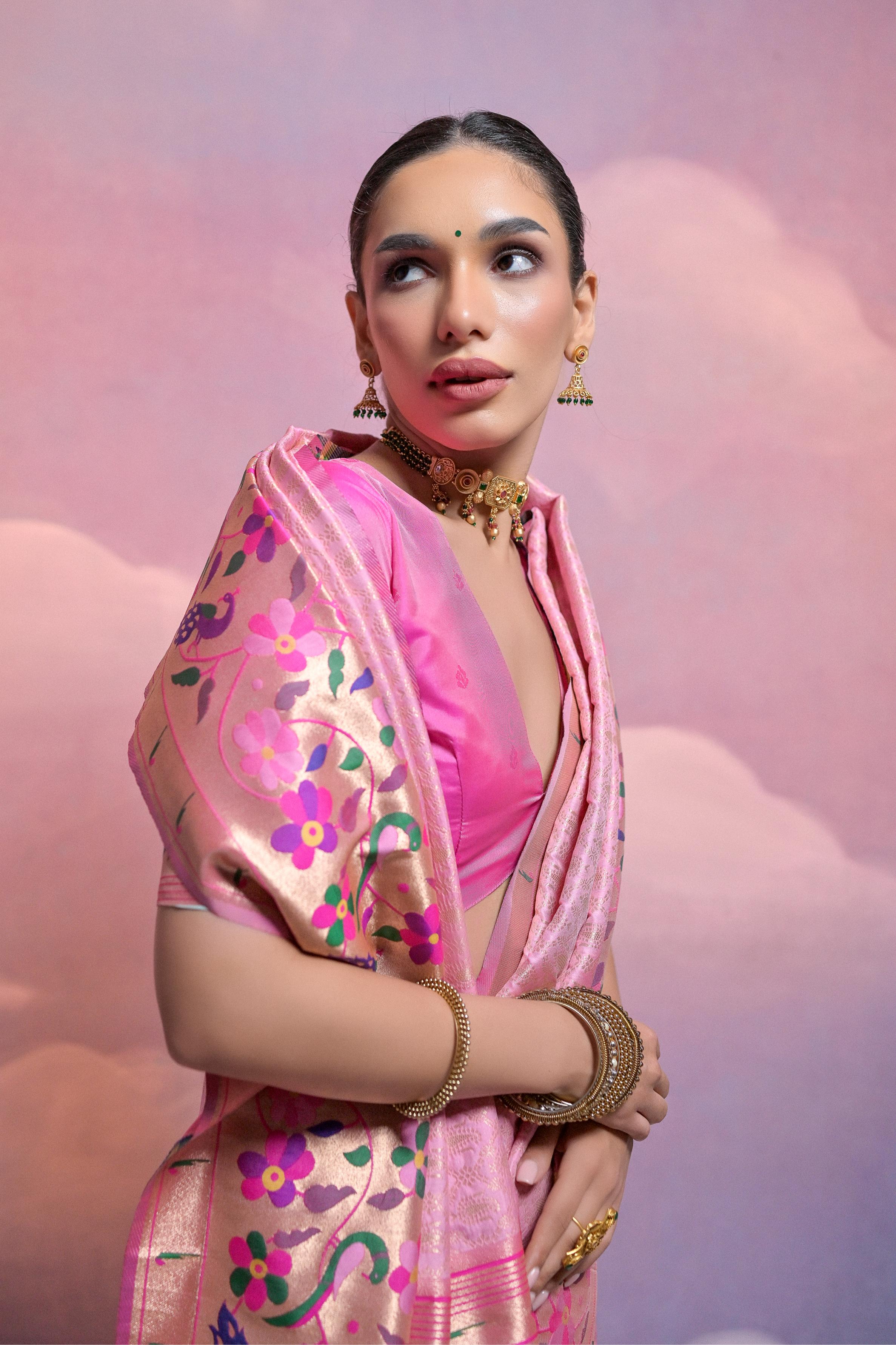 Baby Pink Banarasi Silk Paithani Saree