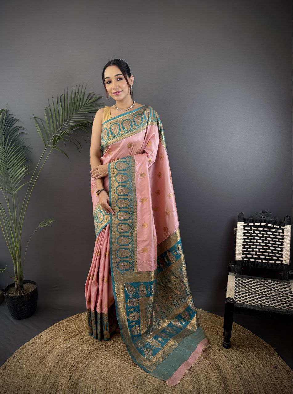 Baby Pink Pure Soft Banarasi Silk Saree