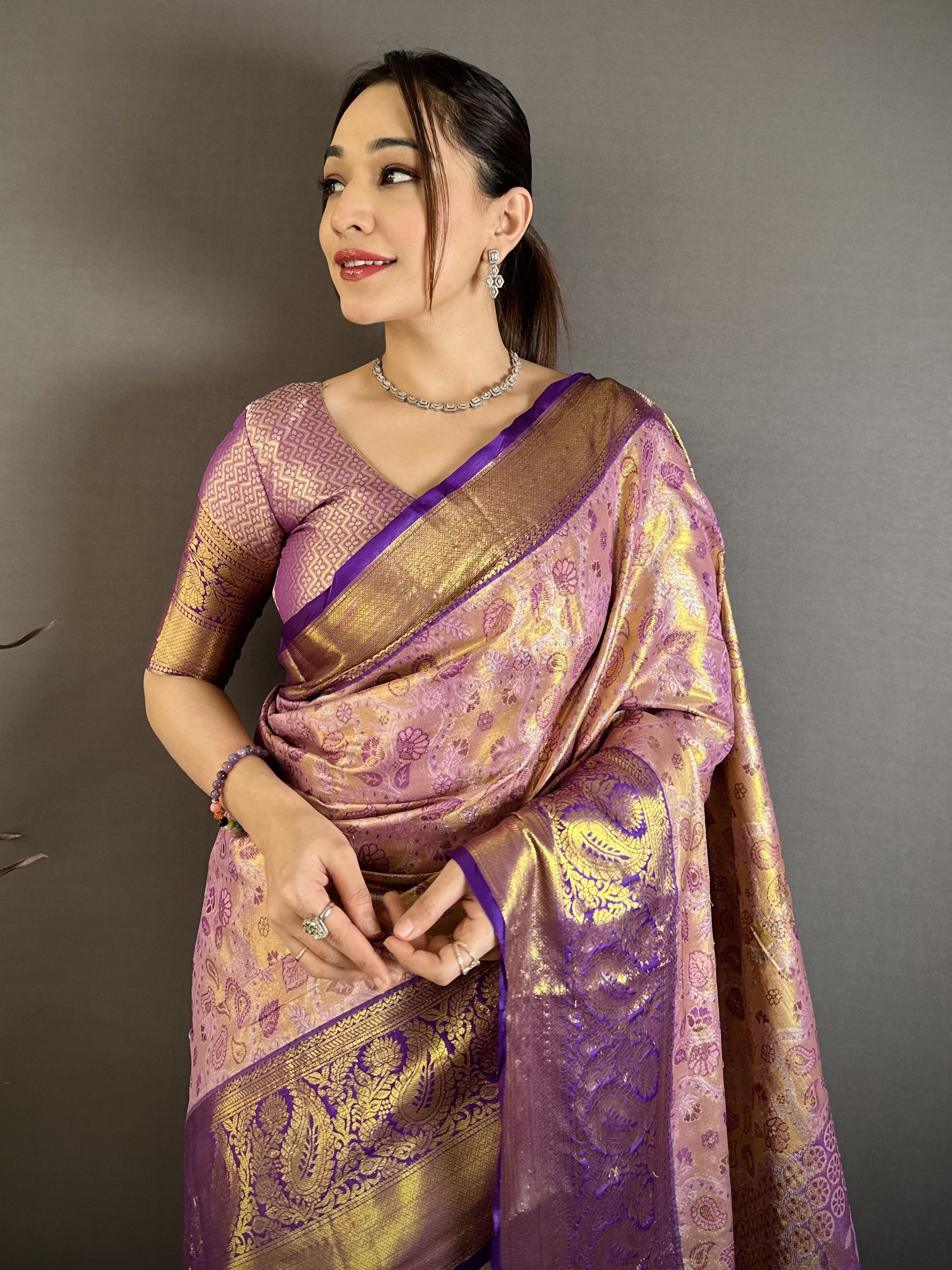 Baby Pink & Royal Purple Bridal Kanjivaram Silk Saree