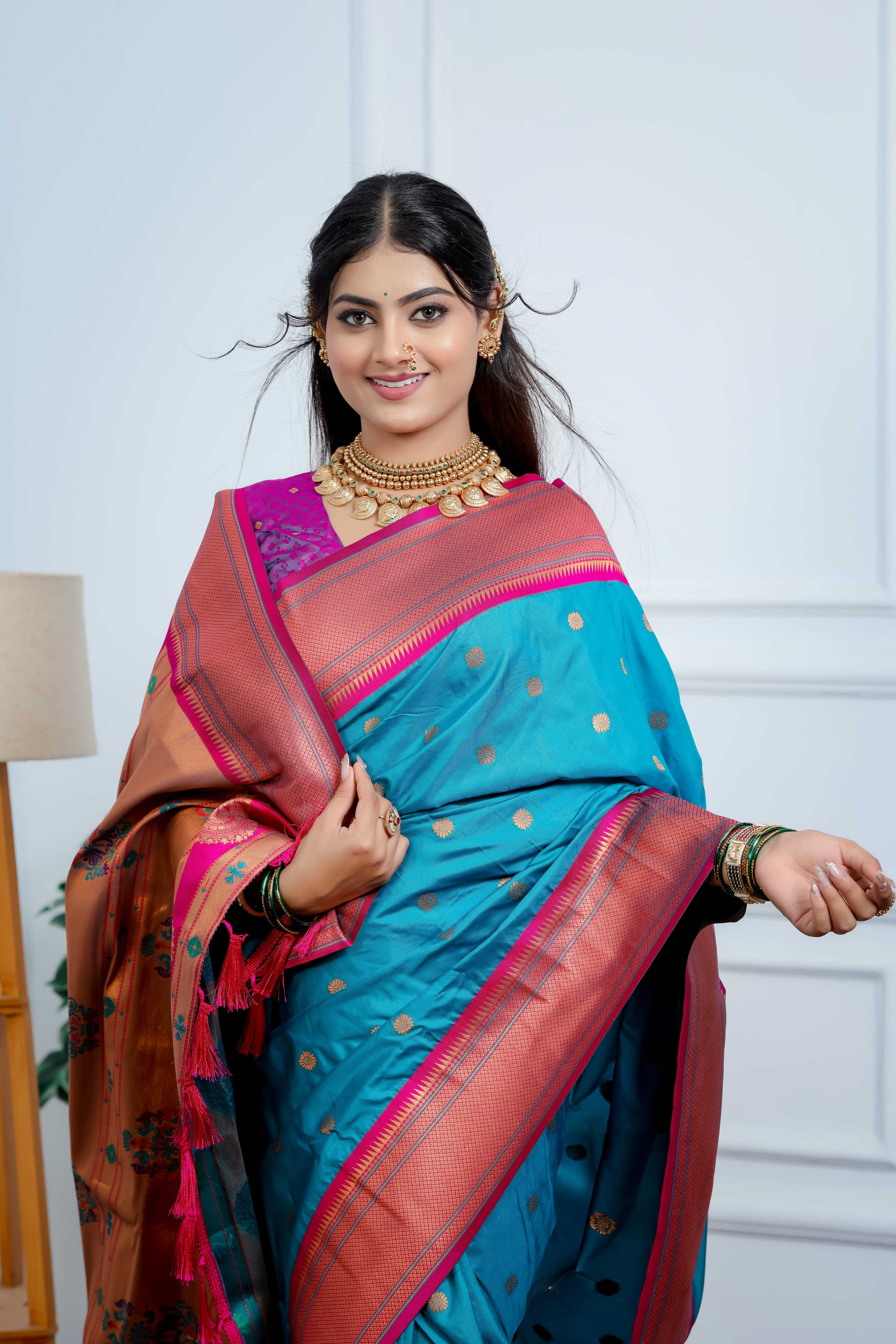 Ball Blue Silk Fabric Weaving Paithani Saree