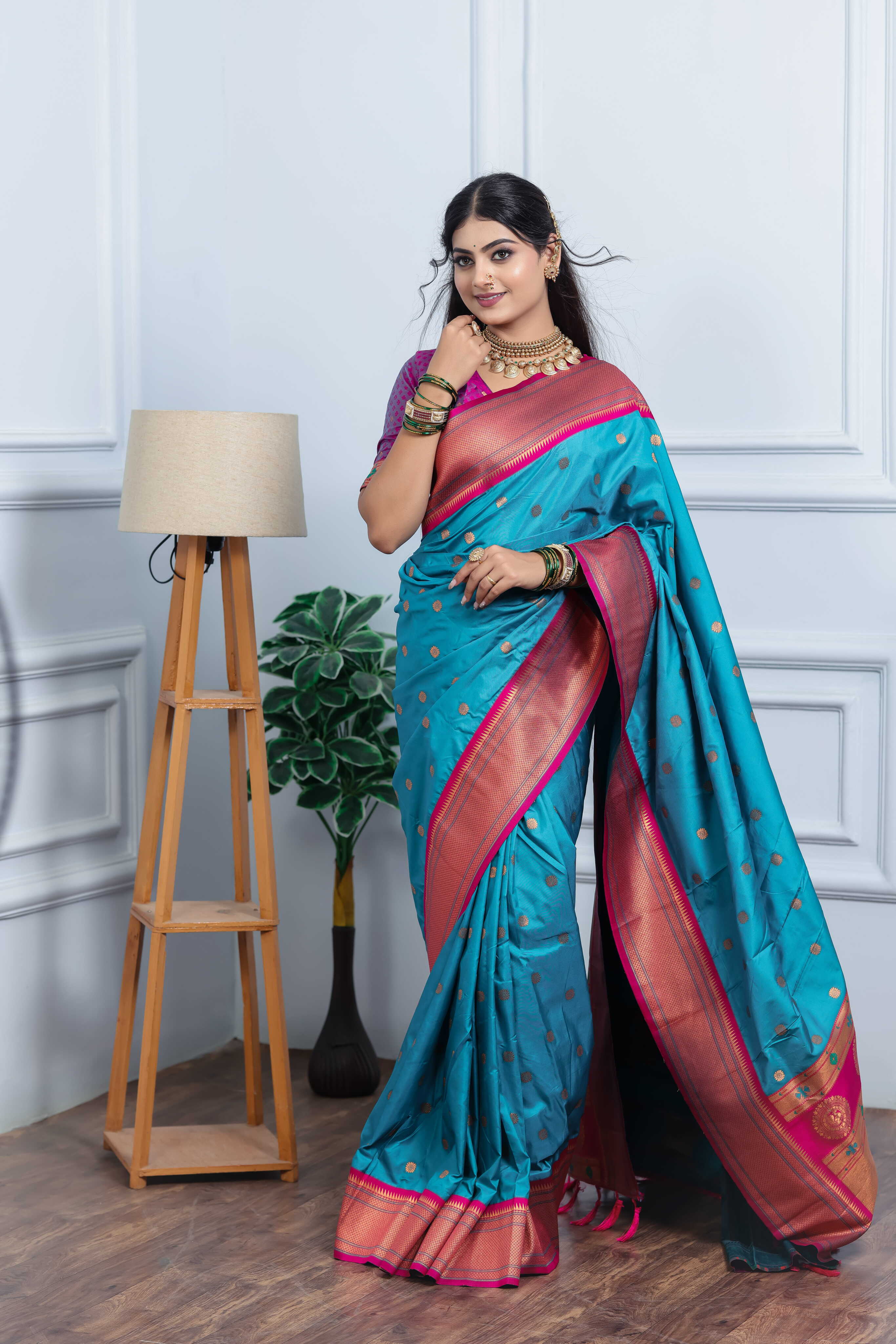 Ball Blue Silk Fabric Weaving Paithani Saree