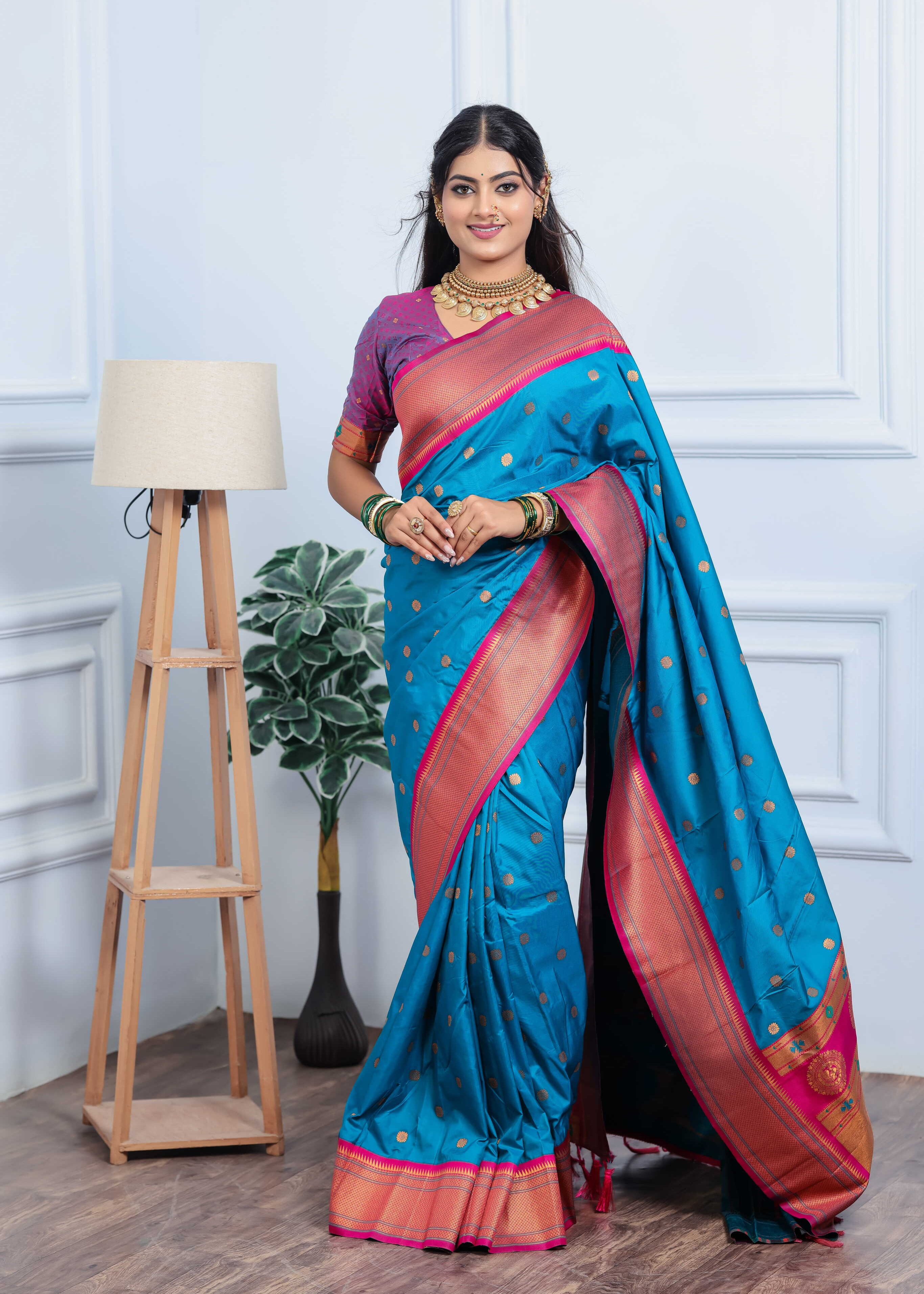 Ball Blue Silk Fabric Weaving Paithani Saree