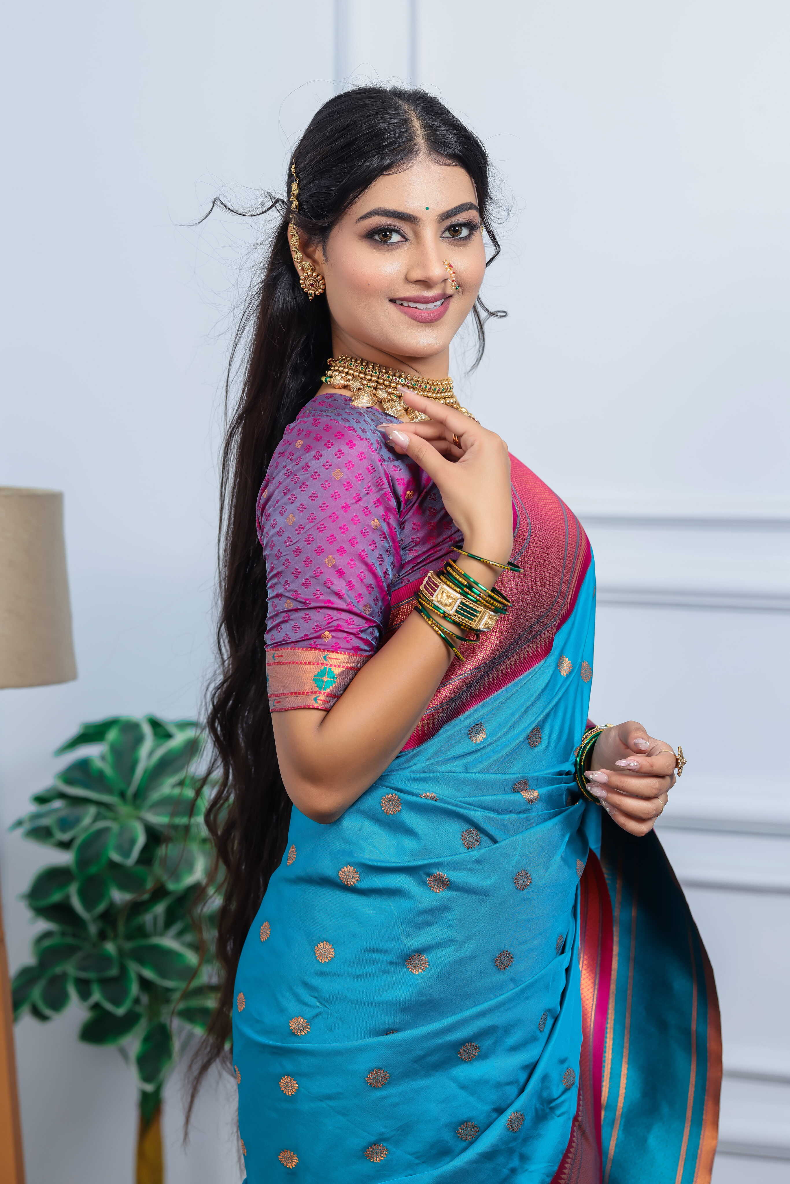 Ball Blue Silk Fabric Weaving Paithani Saree