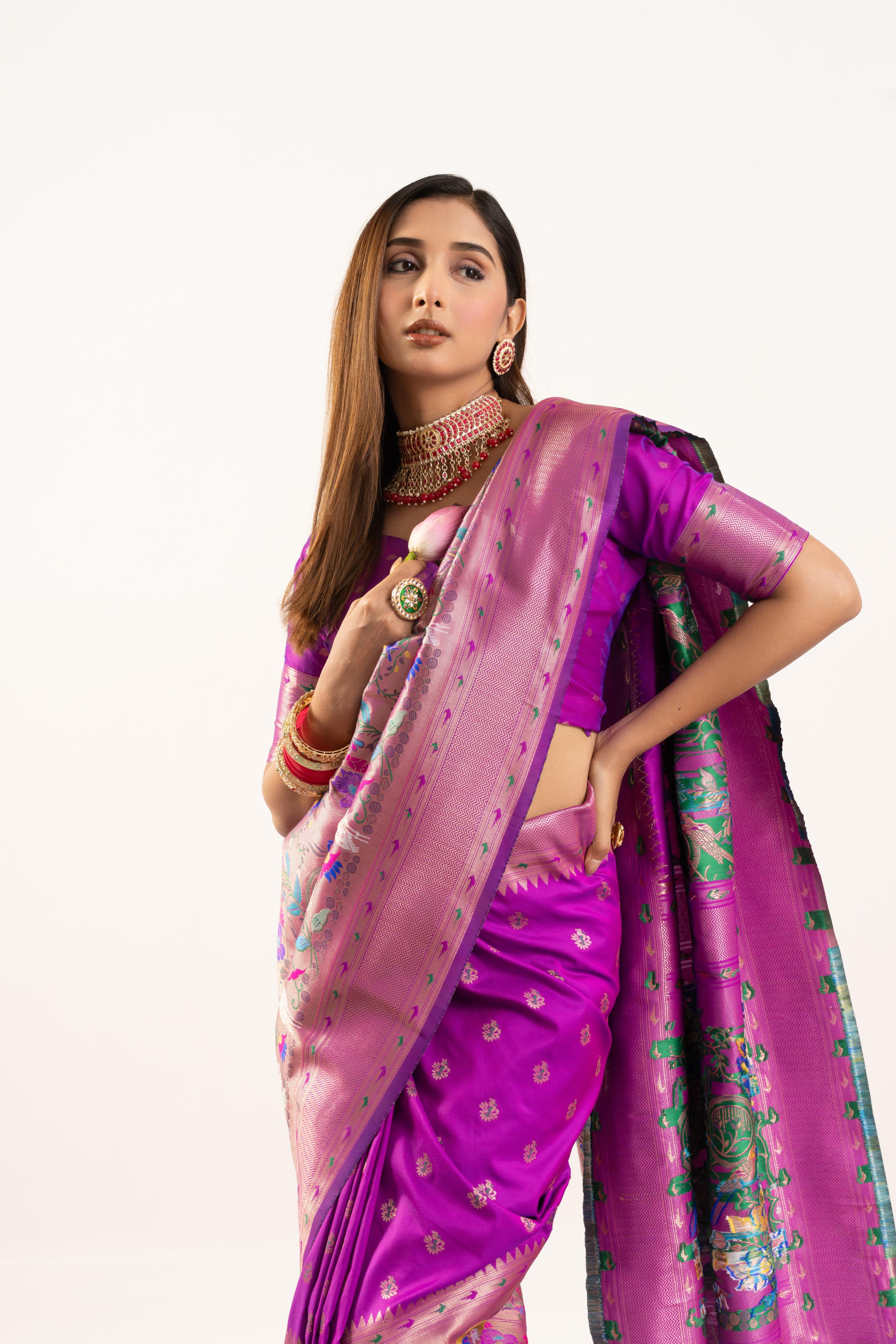 Barney Purple Banarasi Silk Paithani Saree