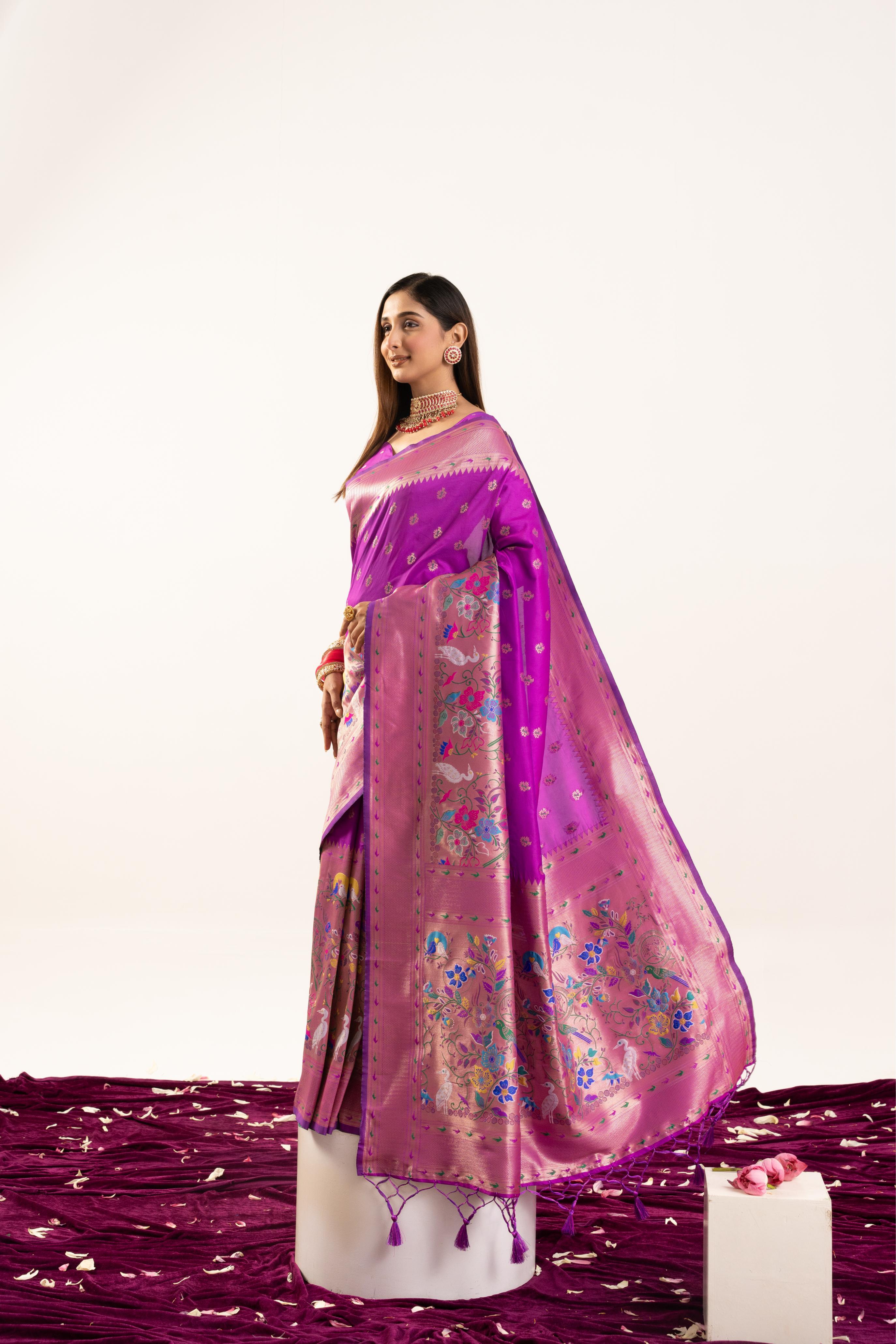 Barney Purple Banarasi Silk Paithani Saree