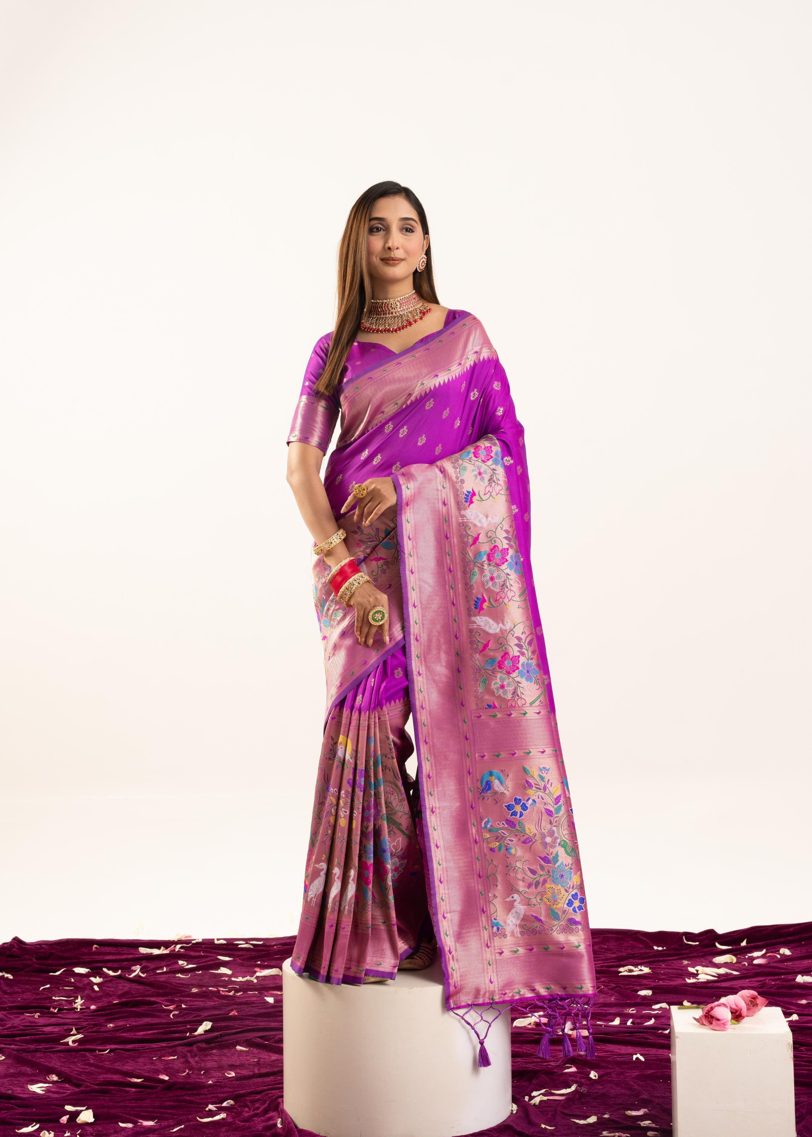 Barney Purple Banarasi Silk Paithani Saree