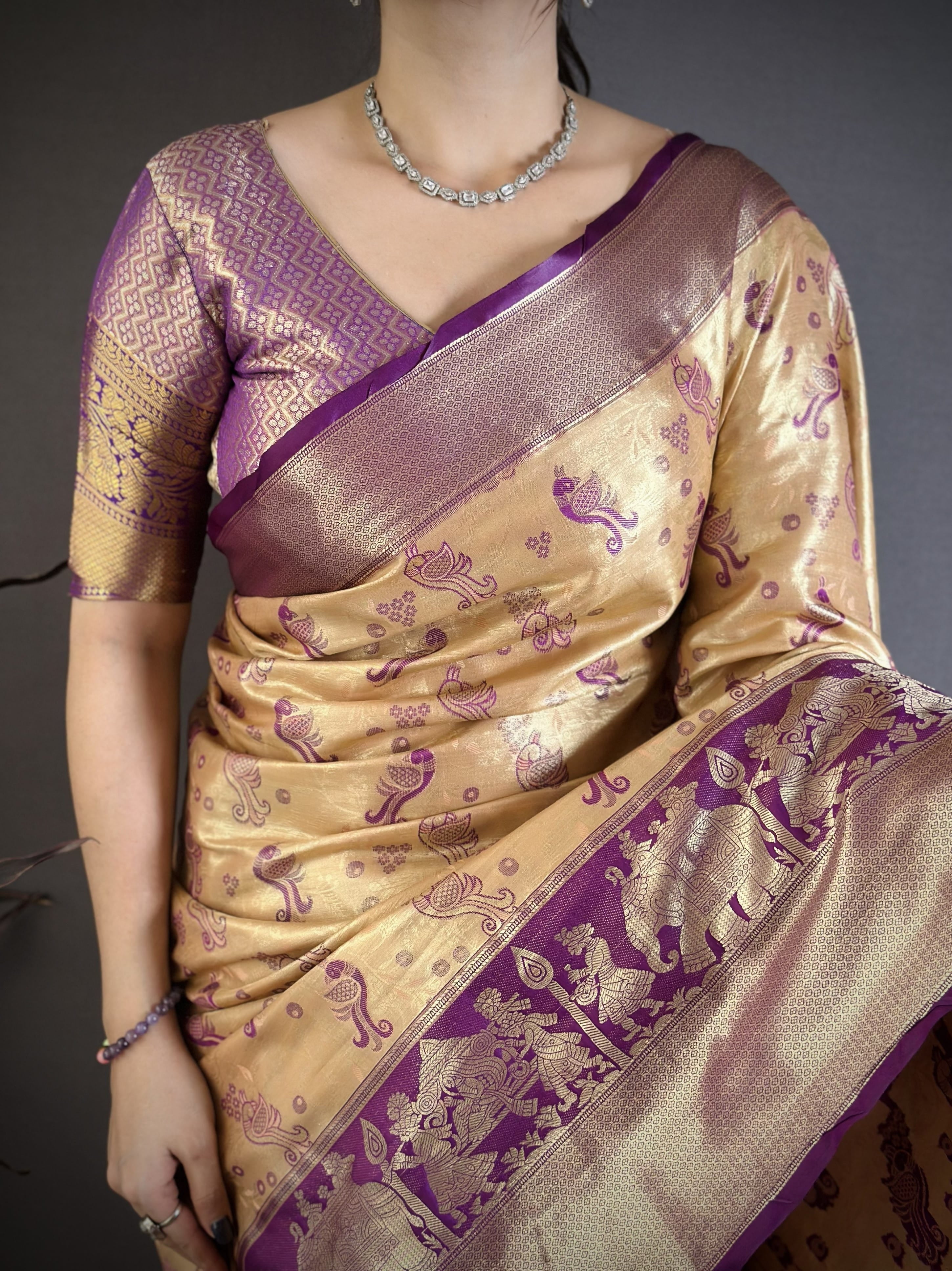 Beige & Purple Peacock Kanjivaram Silk Saree