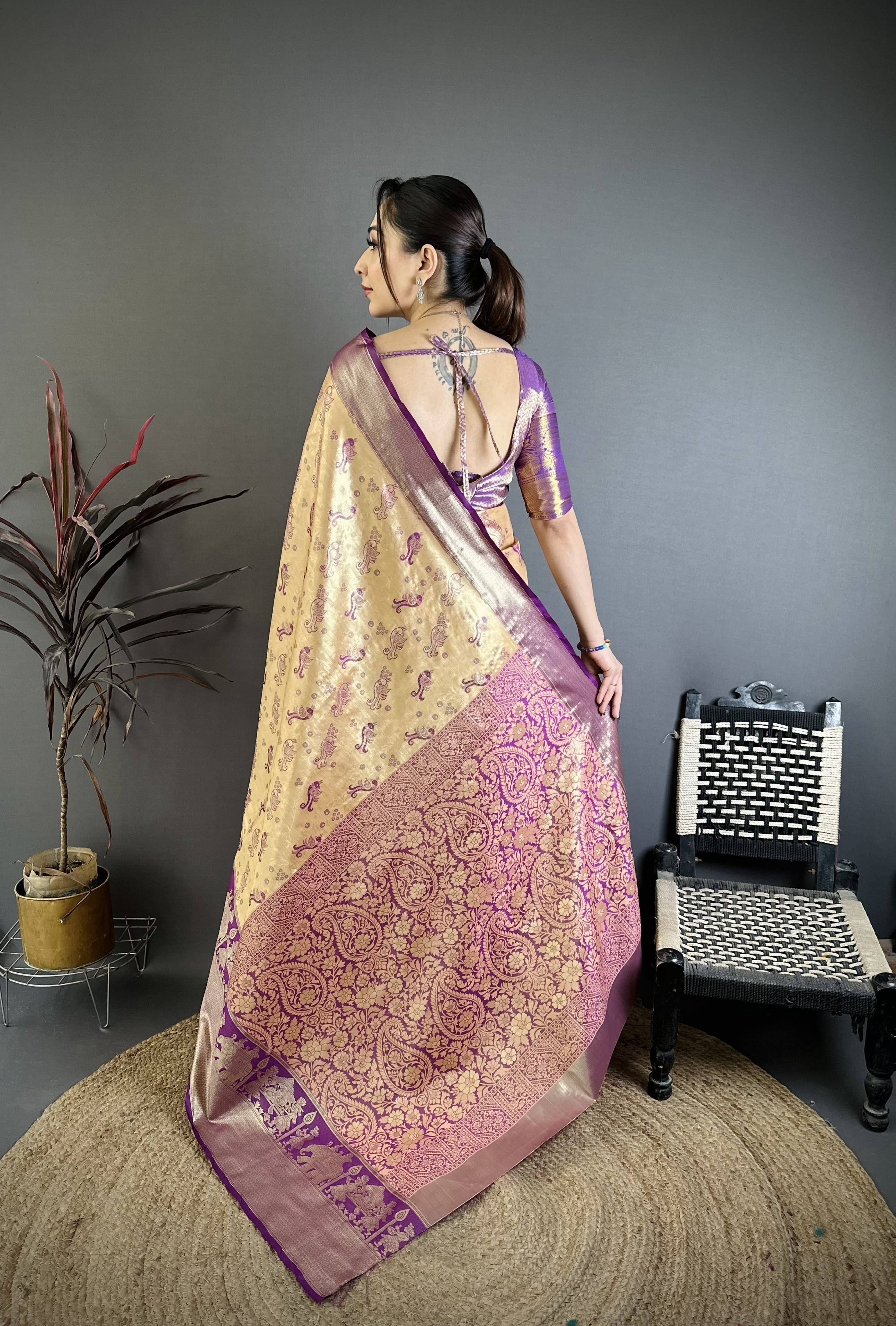 Beige & Purple Peacock Kanjivaram Silk Saree