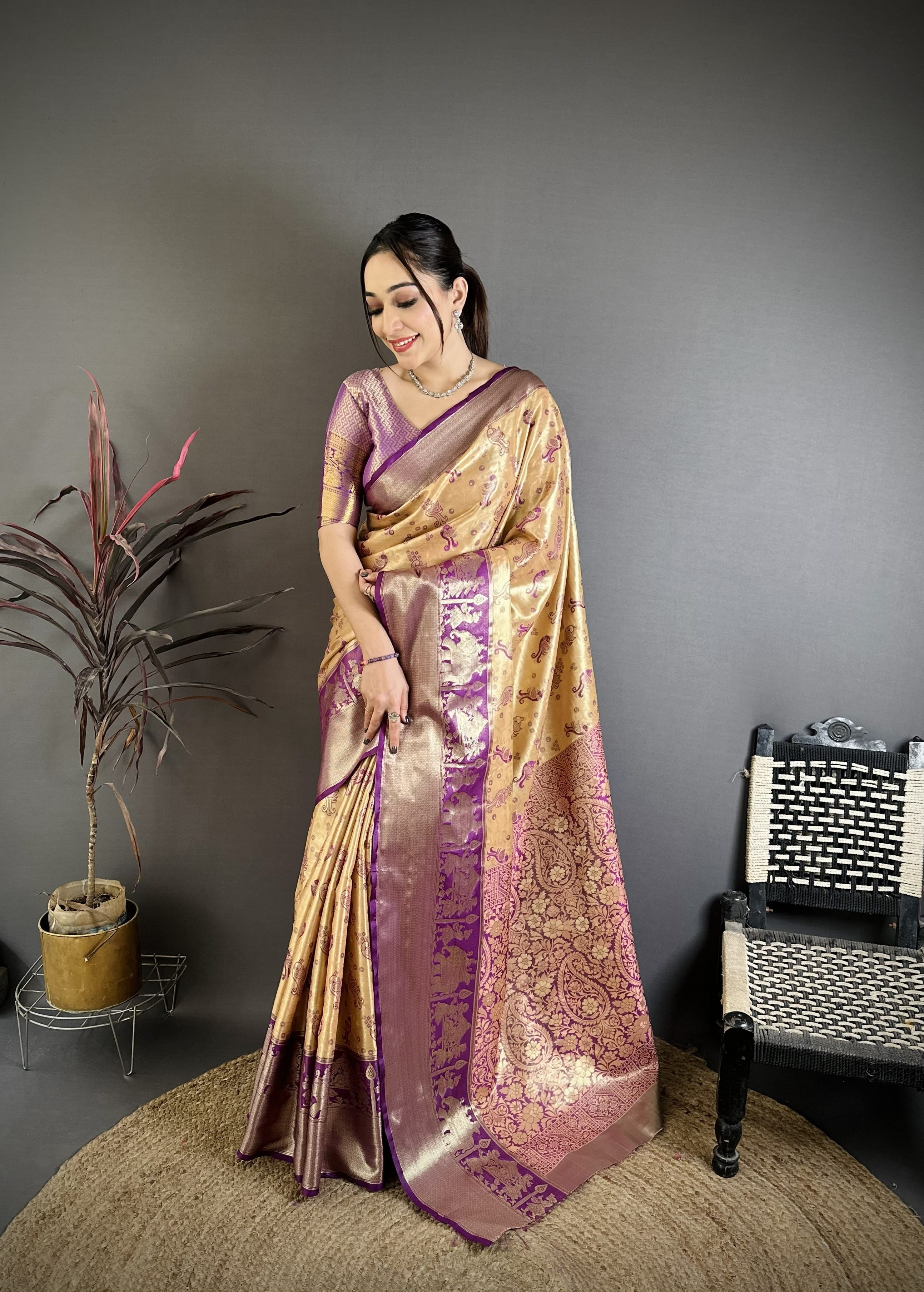 Beige & Purple Peacock Kanjivaram Silk Saree