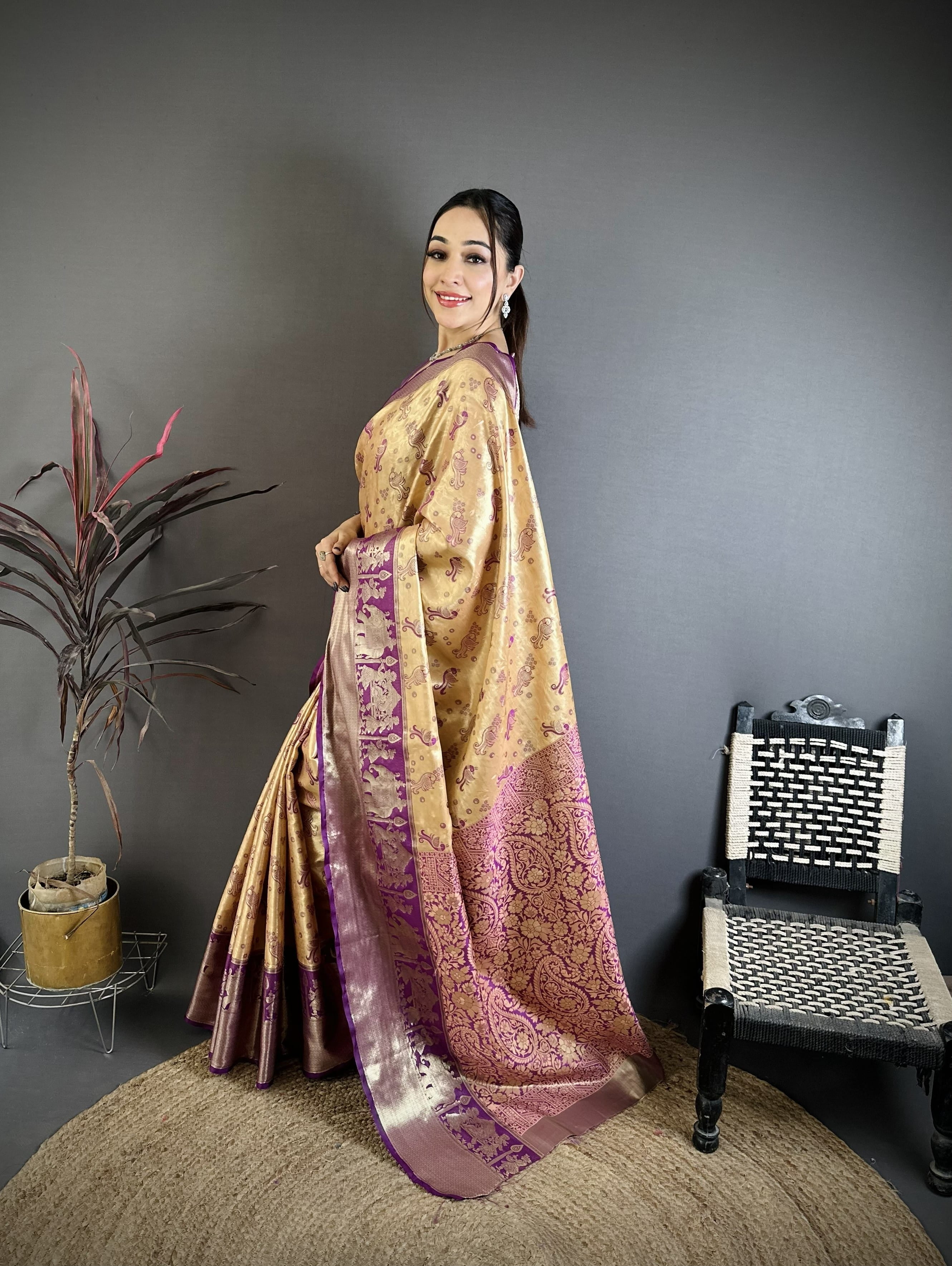 Beige & Purple Peacock Kanjivaram Silk Saree