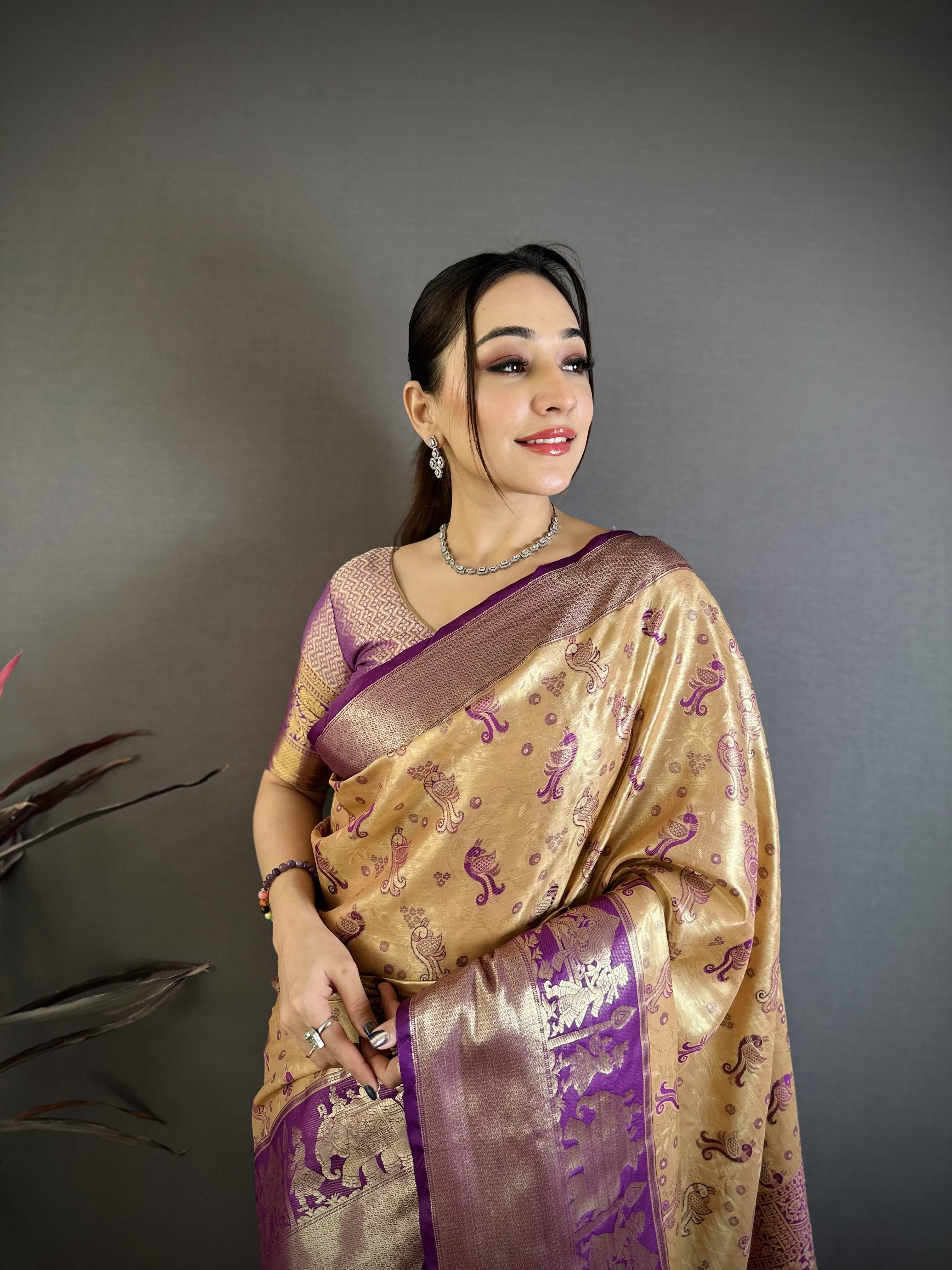 Beige & Purple Peacock Kanjivaram Silk Saree