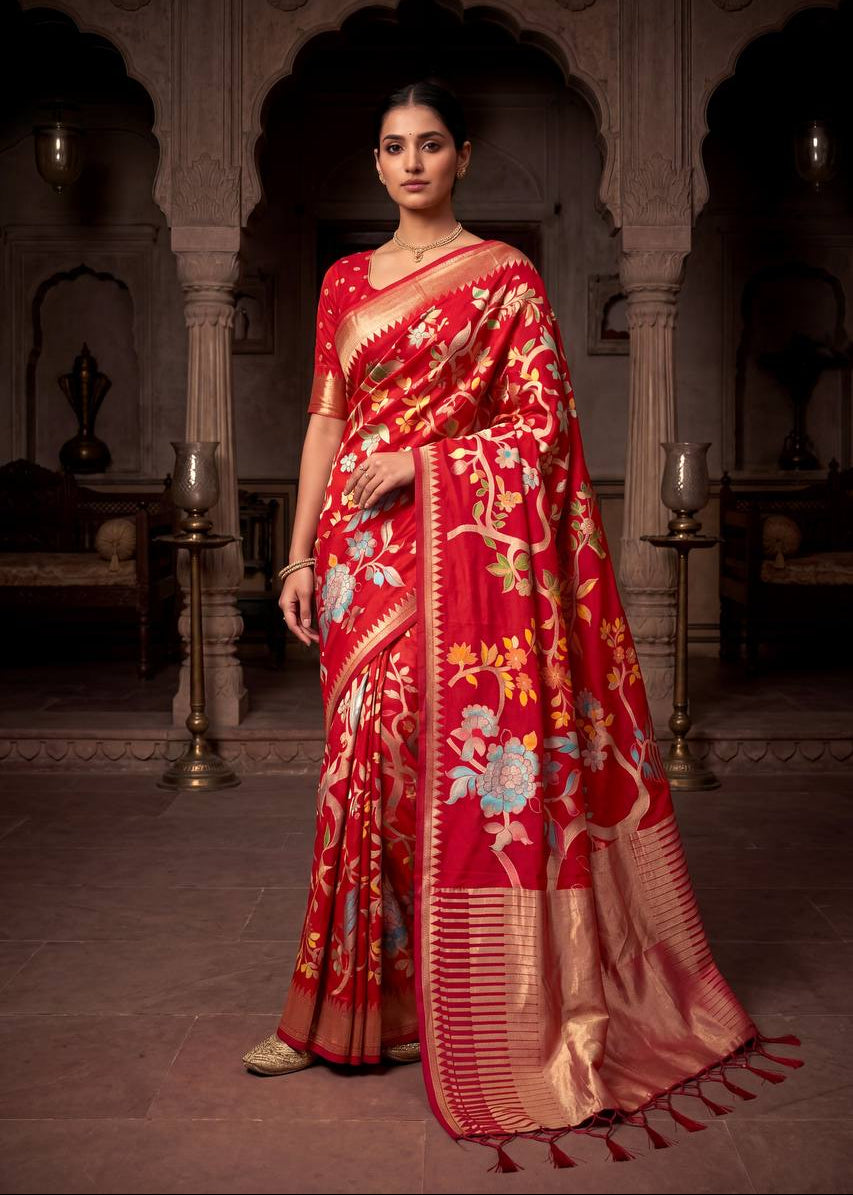 Berry Red Crepe Khadi Silk Weaving Saree