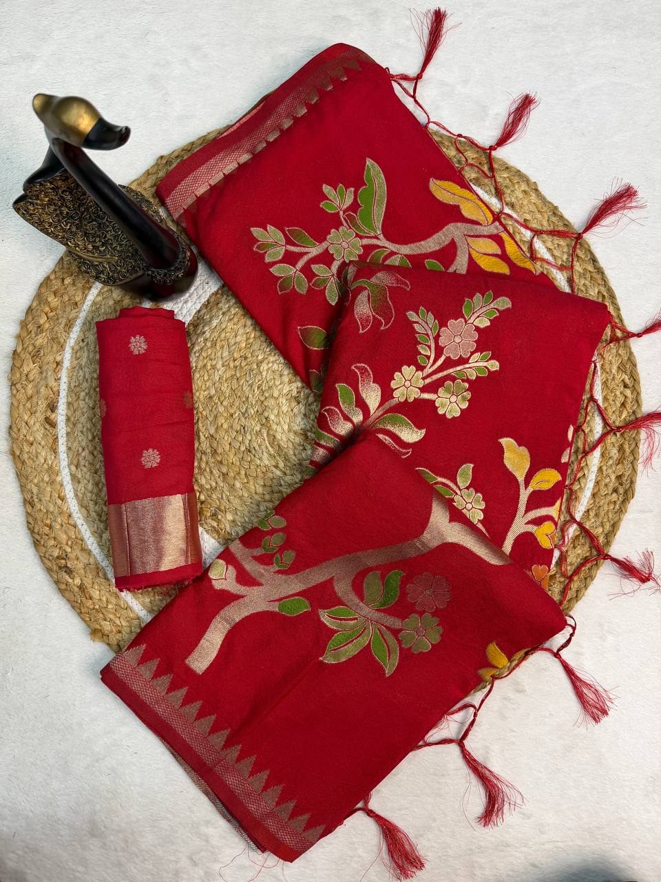 Berry Red Crepe Khadi Silk Weaving Saree