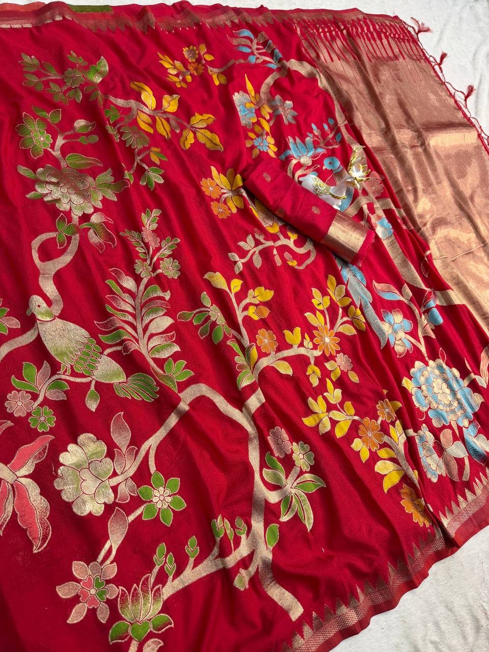 Berry Red Crepe Khadi Silk Weaving Saree