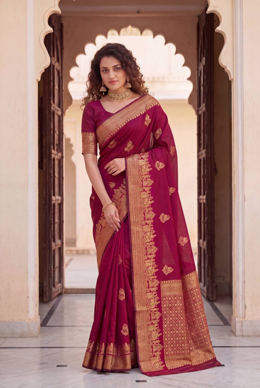 Berry Red Traditional Lichi Silk Saree