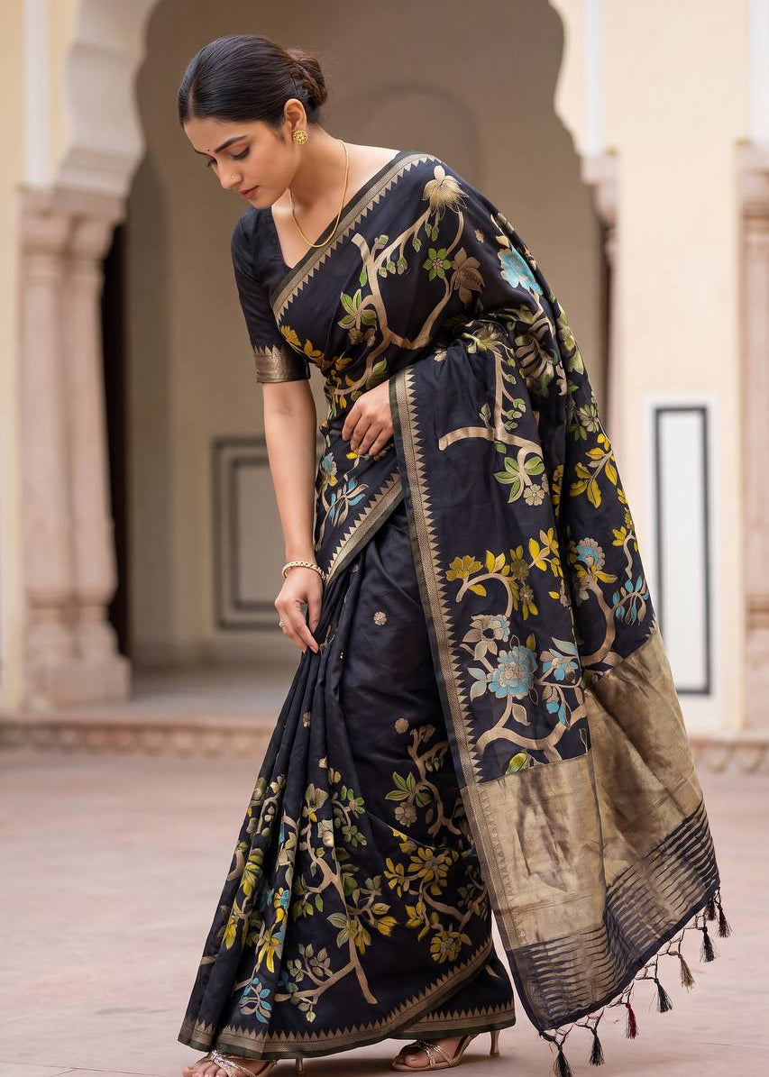 Black Crepe Khadi Silk Weaving Saree