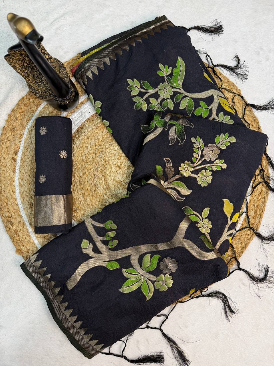 Black Crepe Khadi Silk Weaving Saree