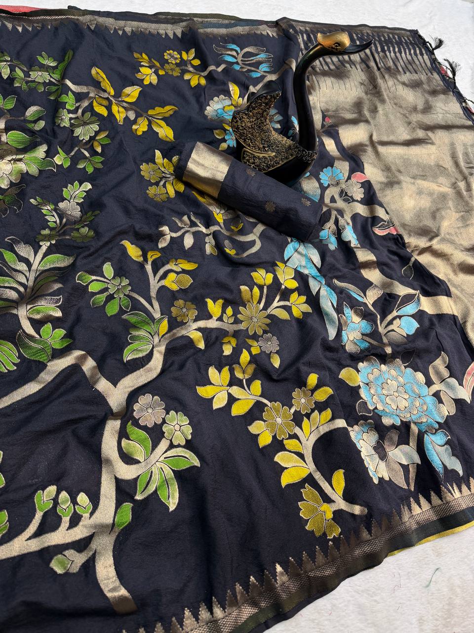 Black Crepe Khadi Silk Weaving Saree