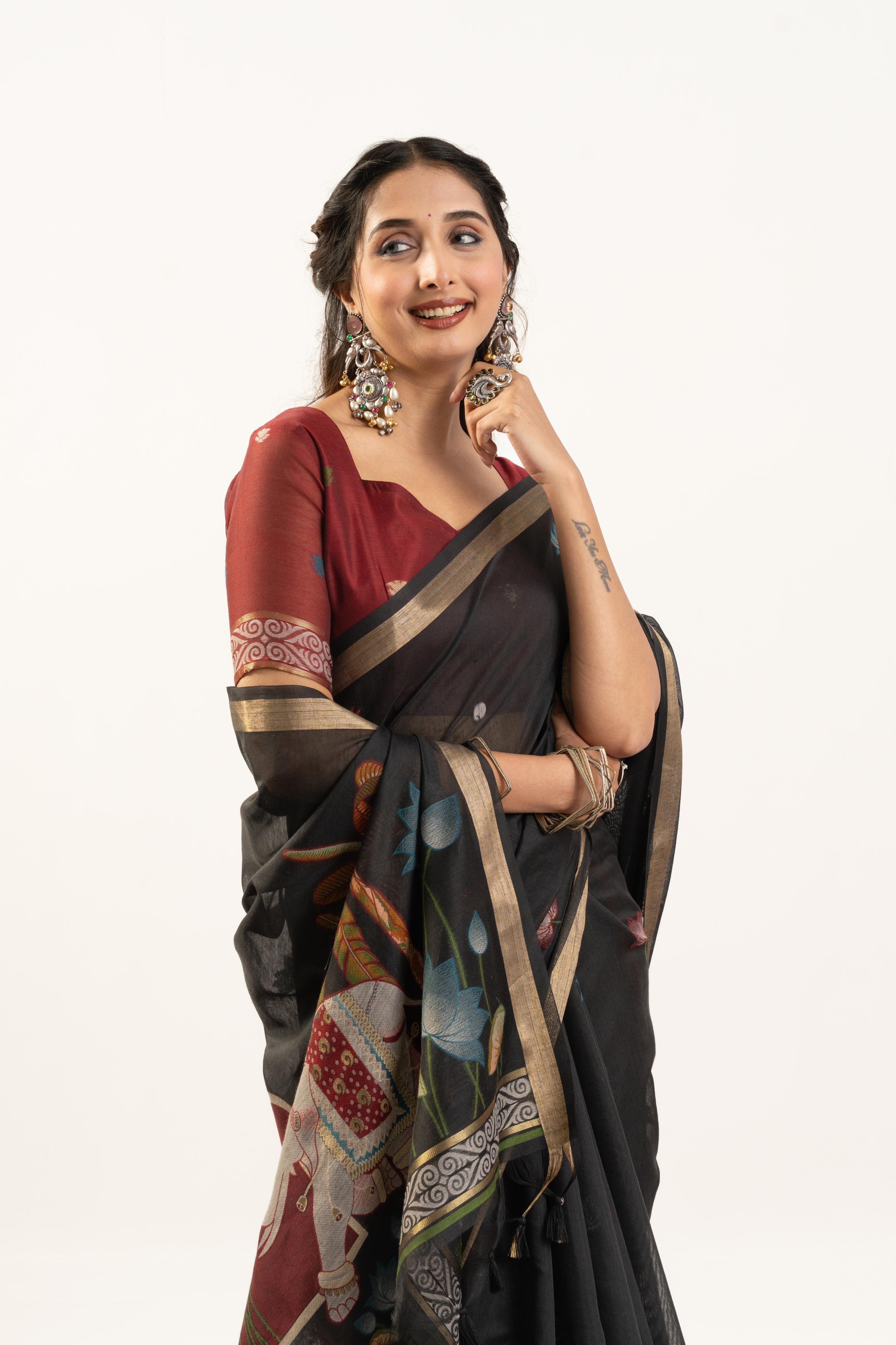 Black Designer Muga Cotton Saree