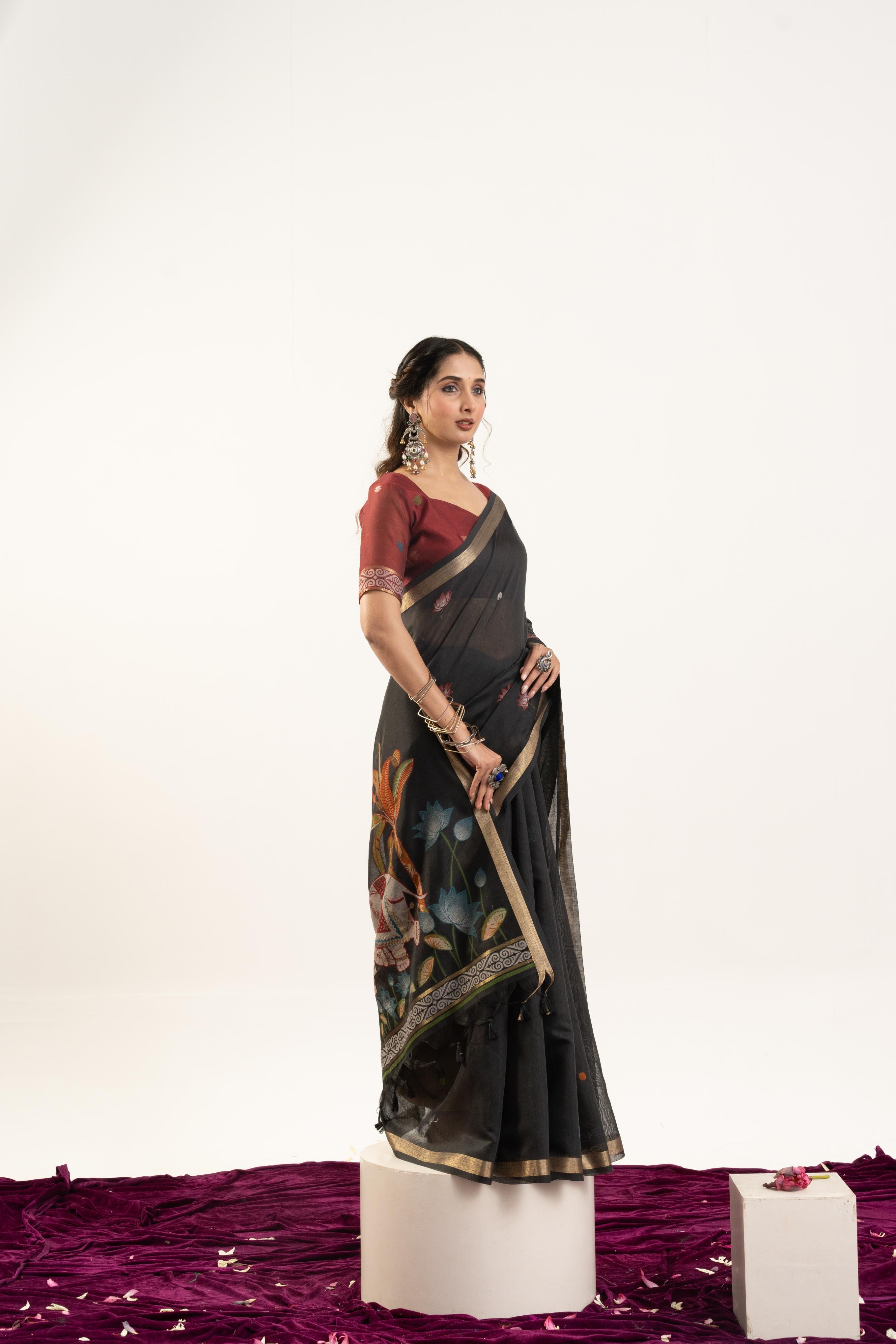 Black Designer Muga Cotton Saree