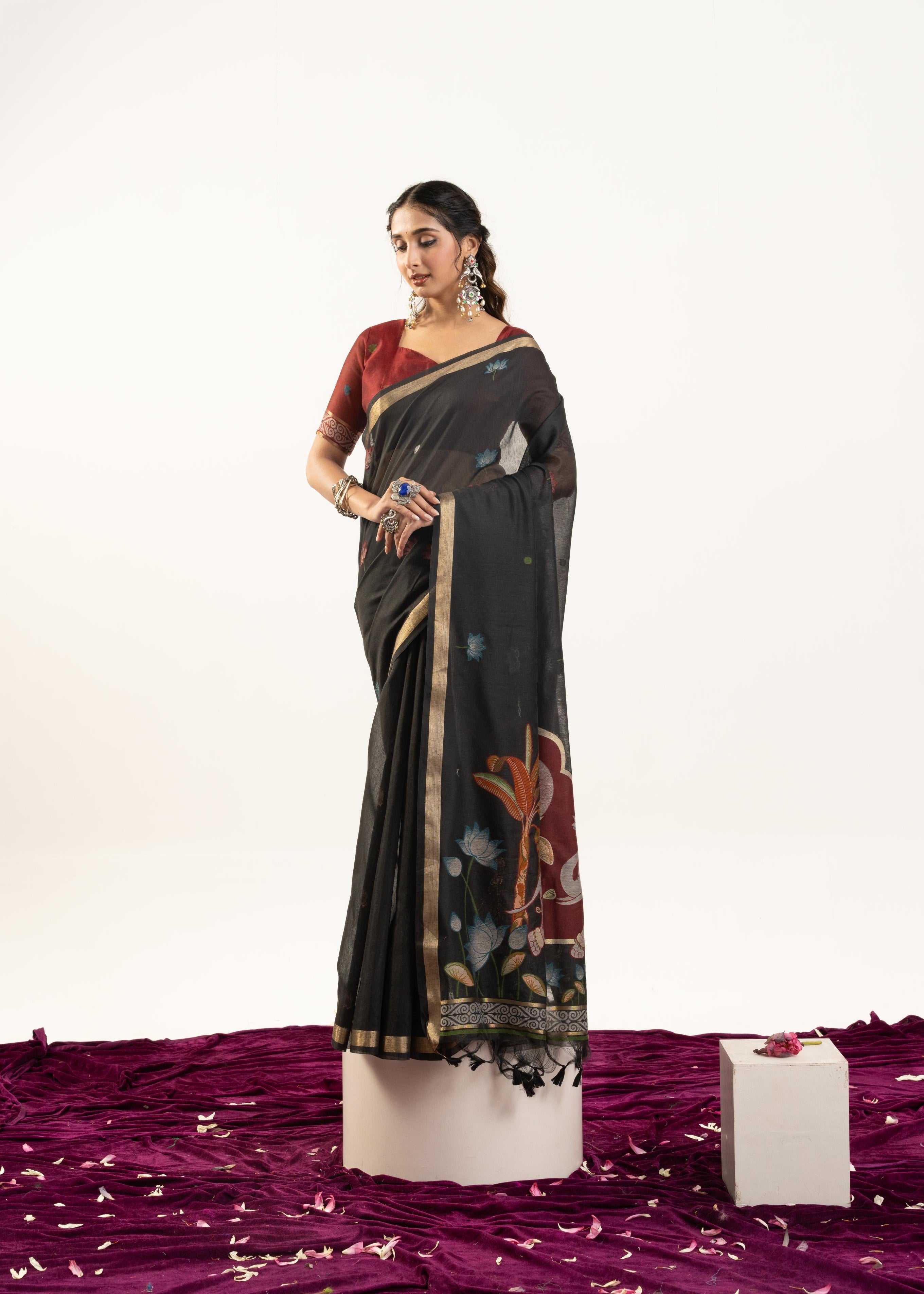 Black Designer Muga Cotton Saree