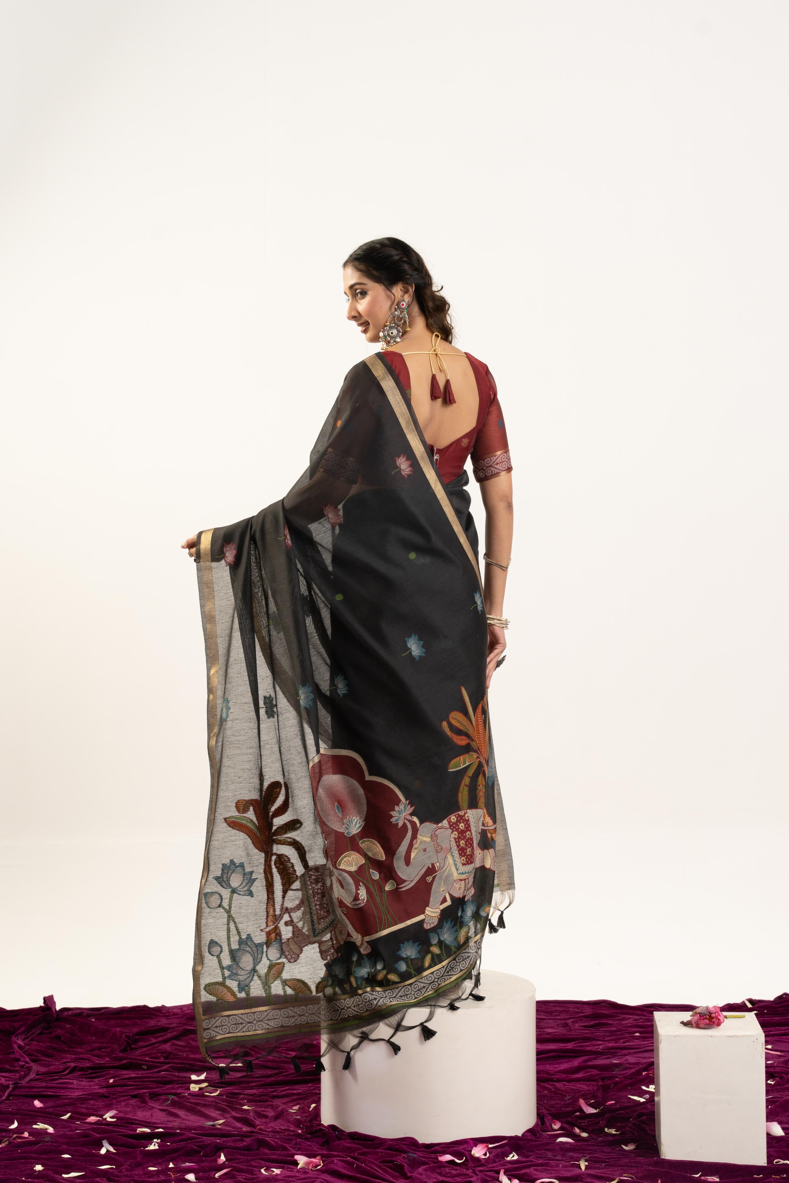Black Designer Muga Cotton Saree