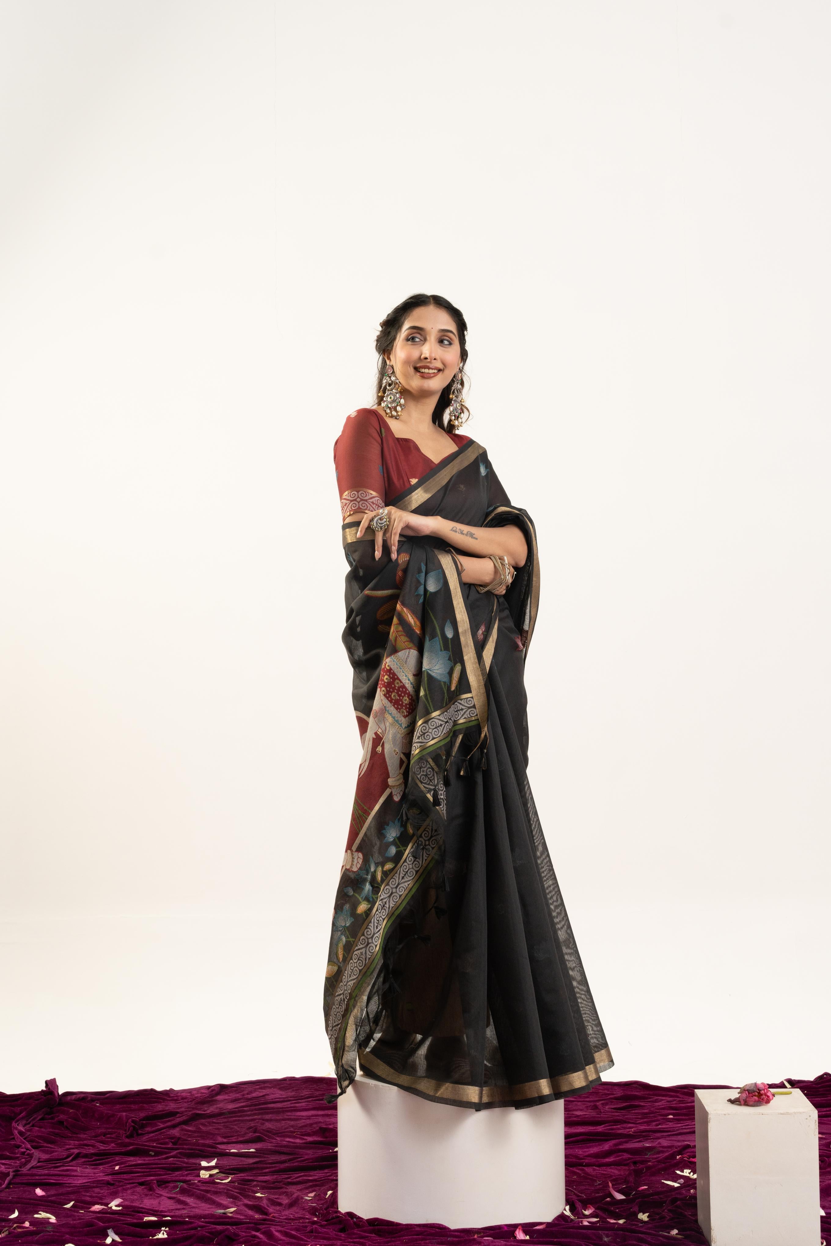 Black Designer Muga Cotton Saree