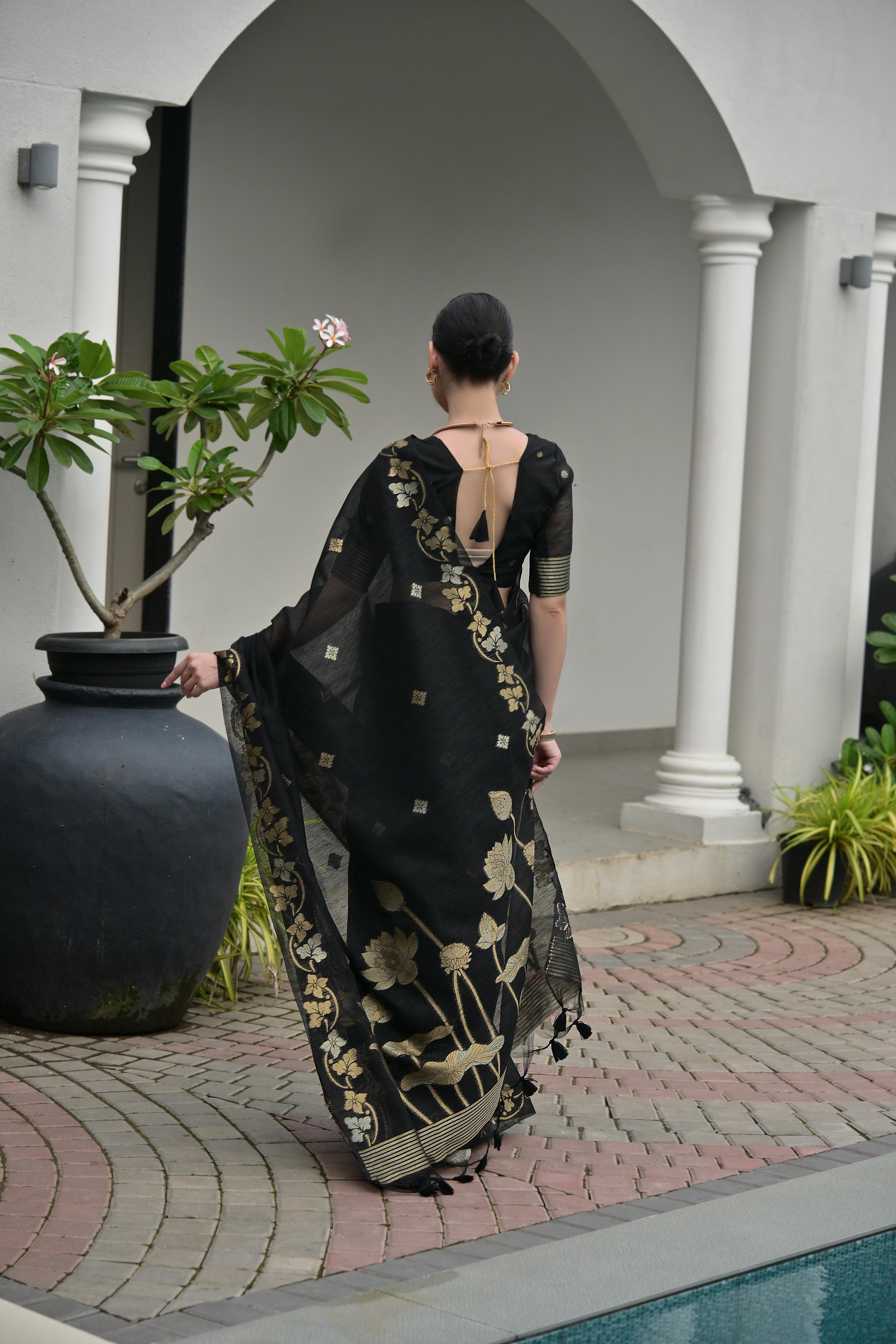 Black Jute Linen Silk Saree