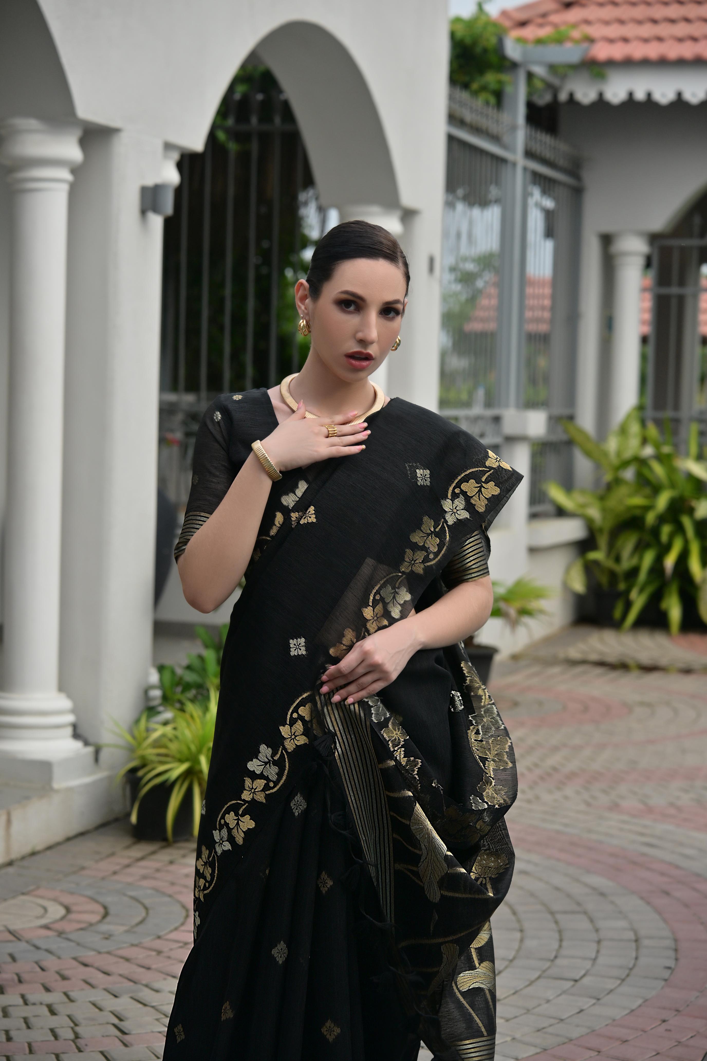 Black Jute Linen Silk Saree