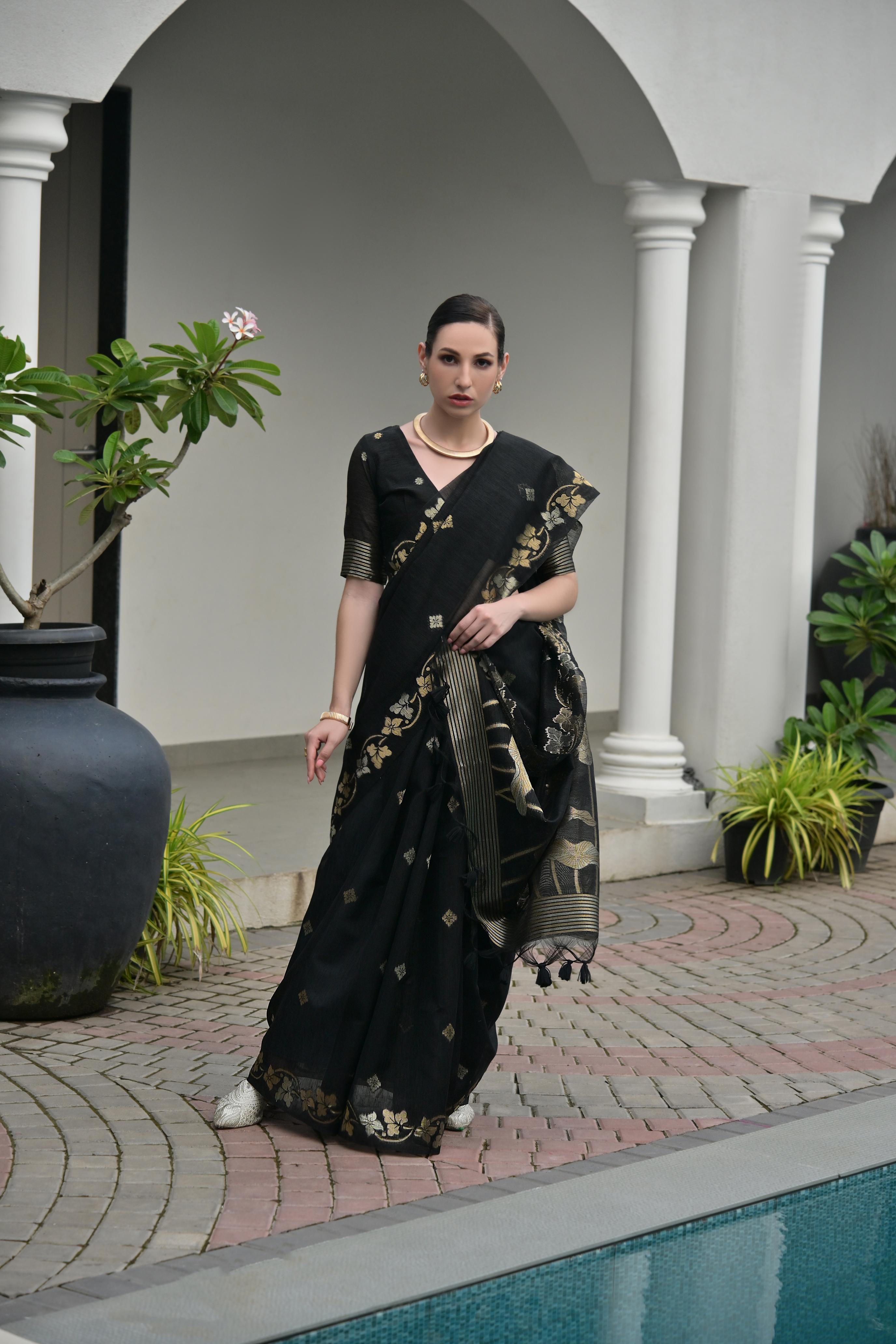 Black Jute Linen Silk Saree