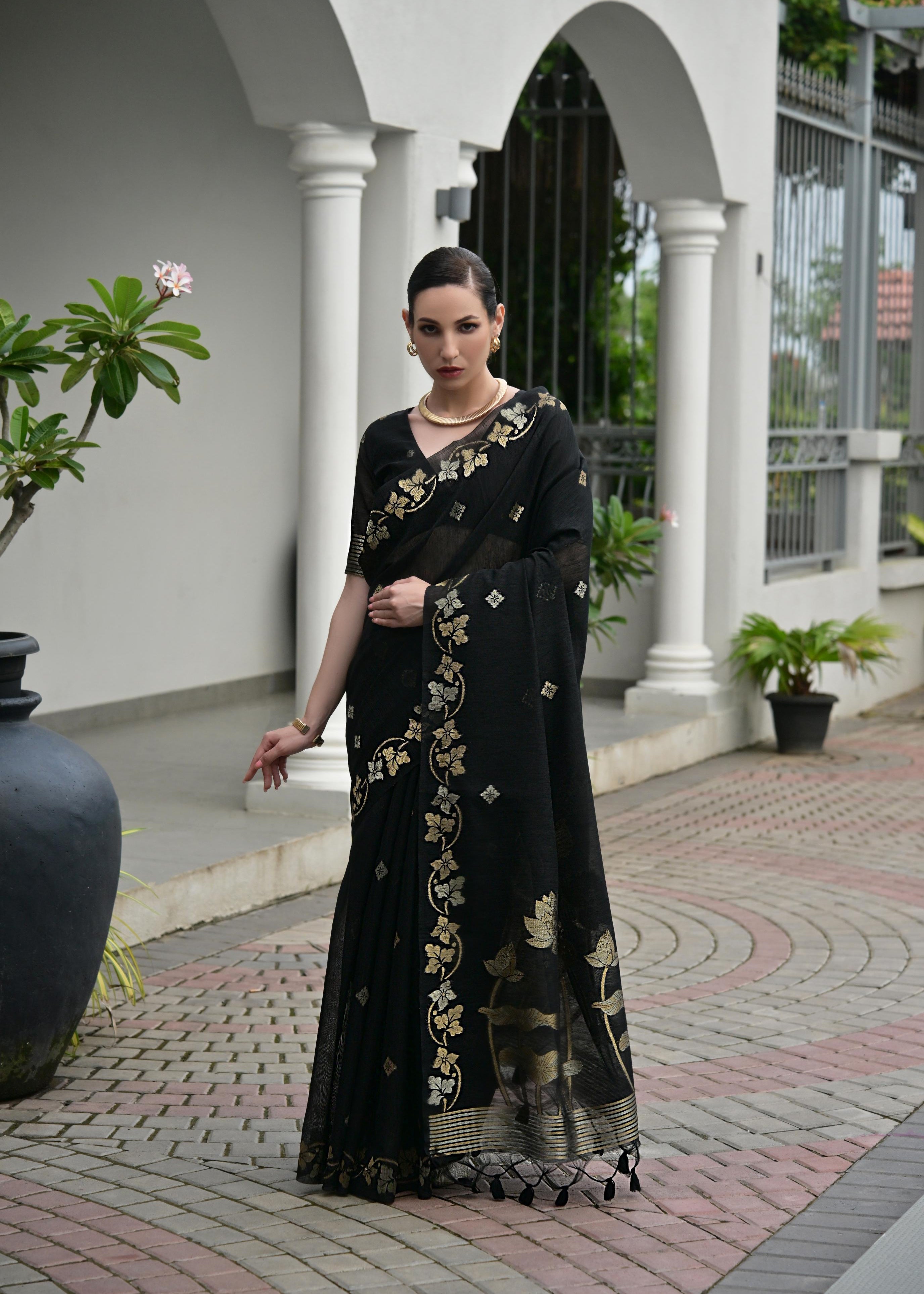 Black Jute Linen Silk Saree