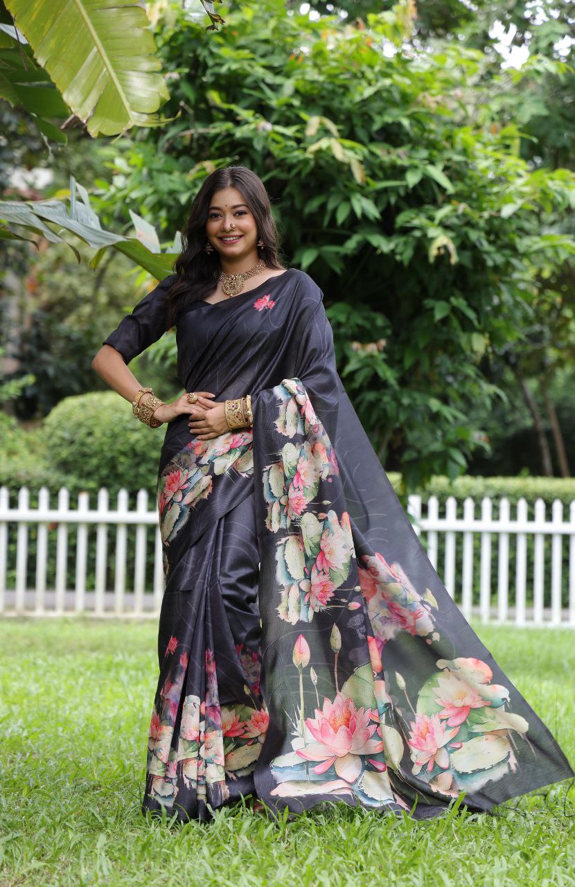 Black Lotus Printed Soft Tussar Silk Saree
