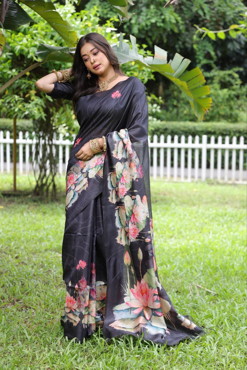 Black Lotus Printed Soft Tussar Silk Saree