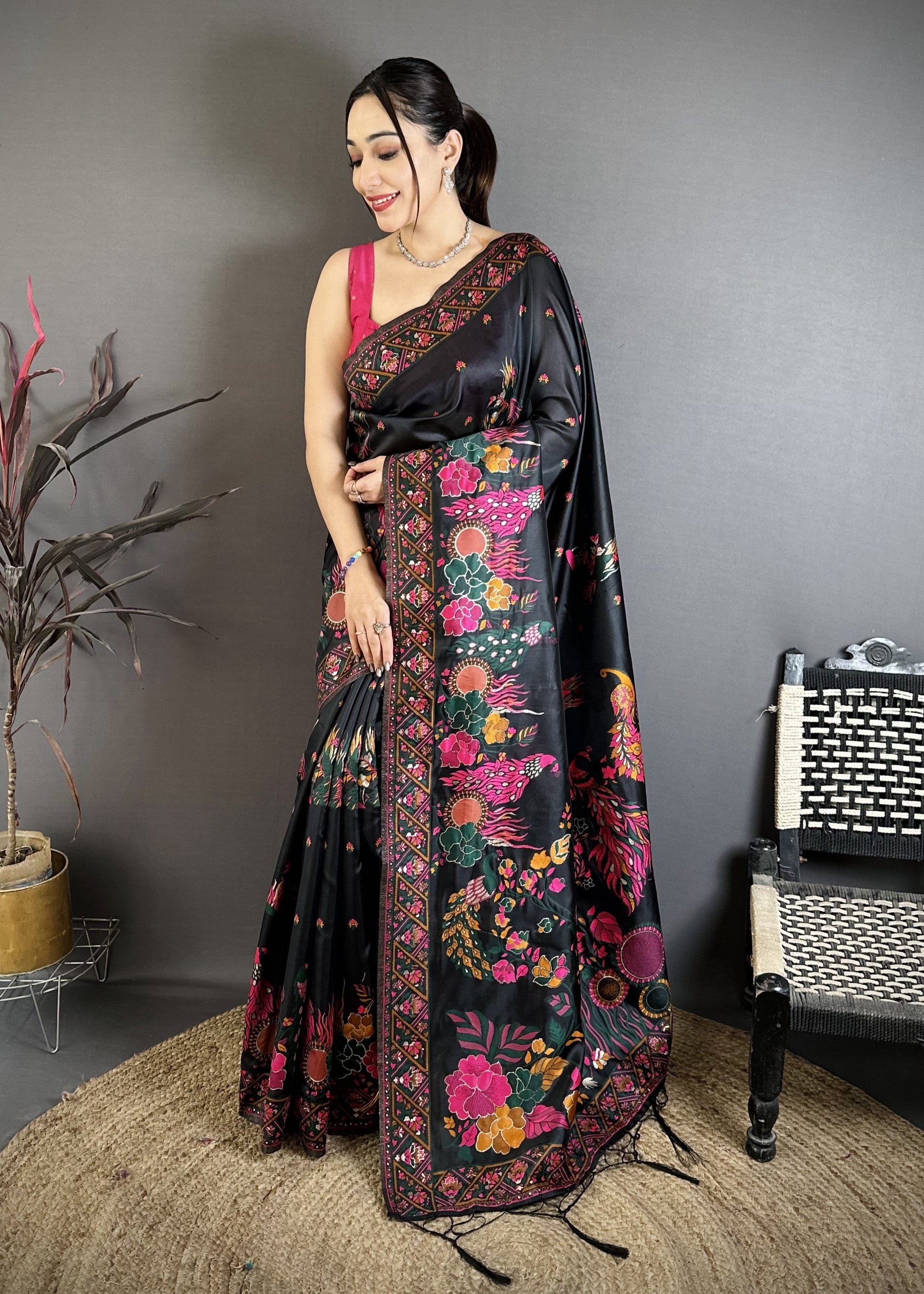 Black Pashmina Kashmiri Saree