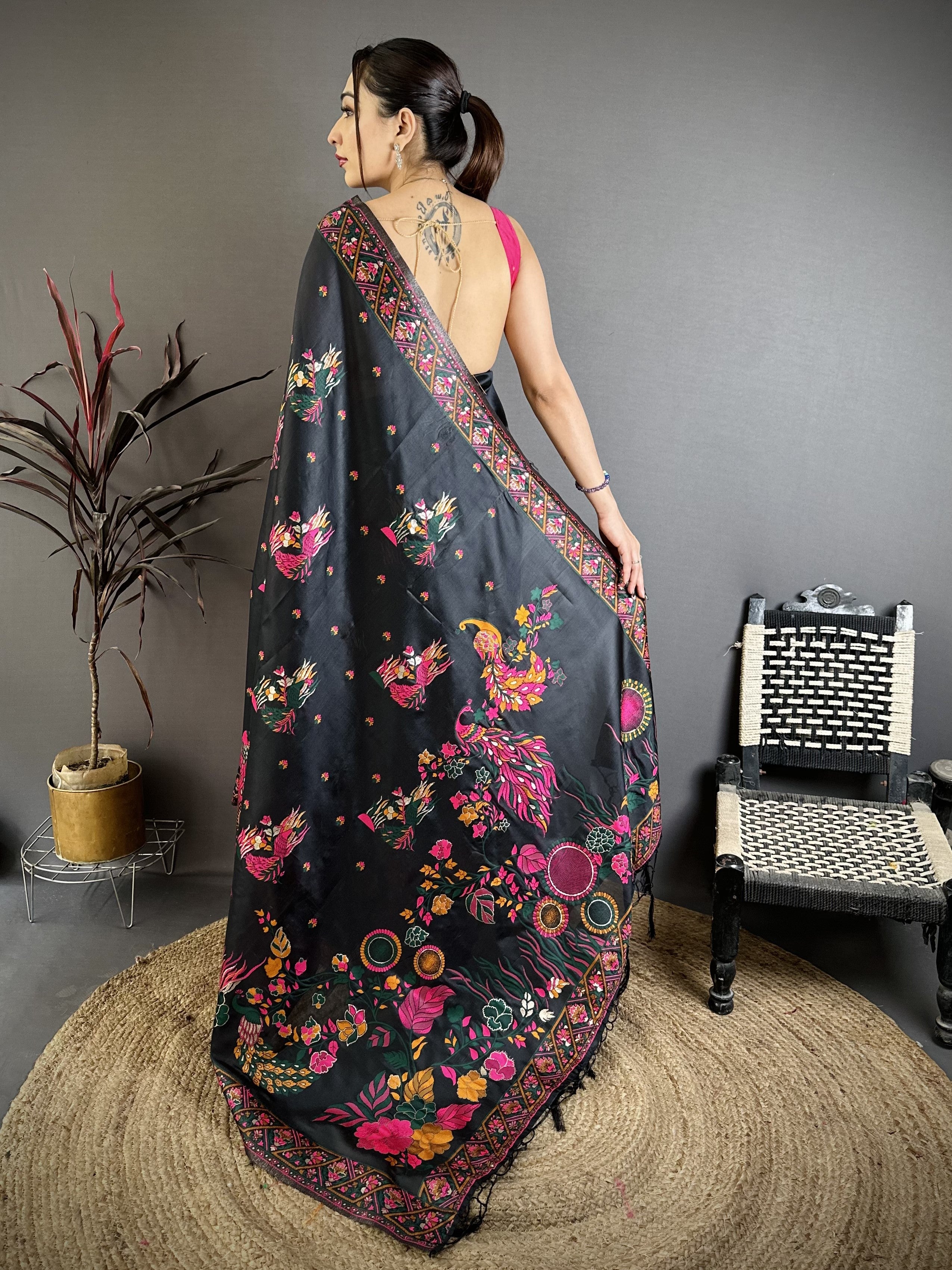 Black Pashmina Kashmiri Saree