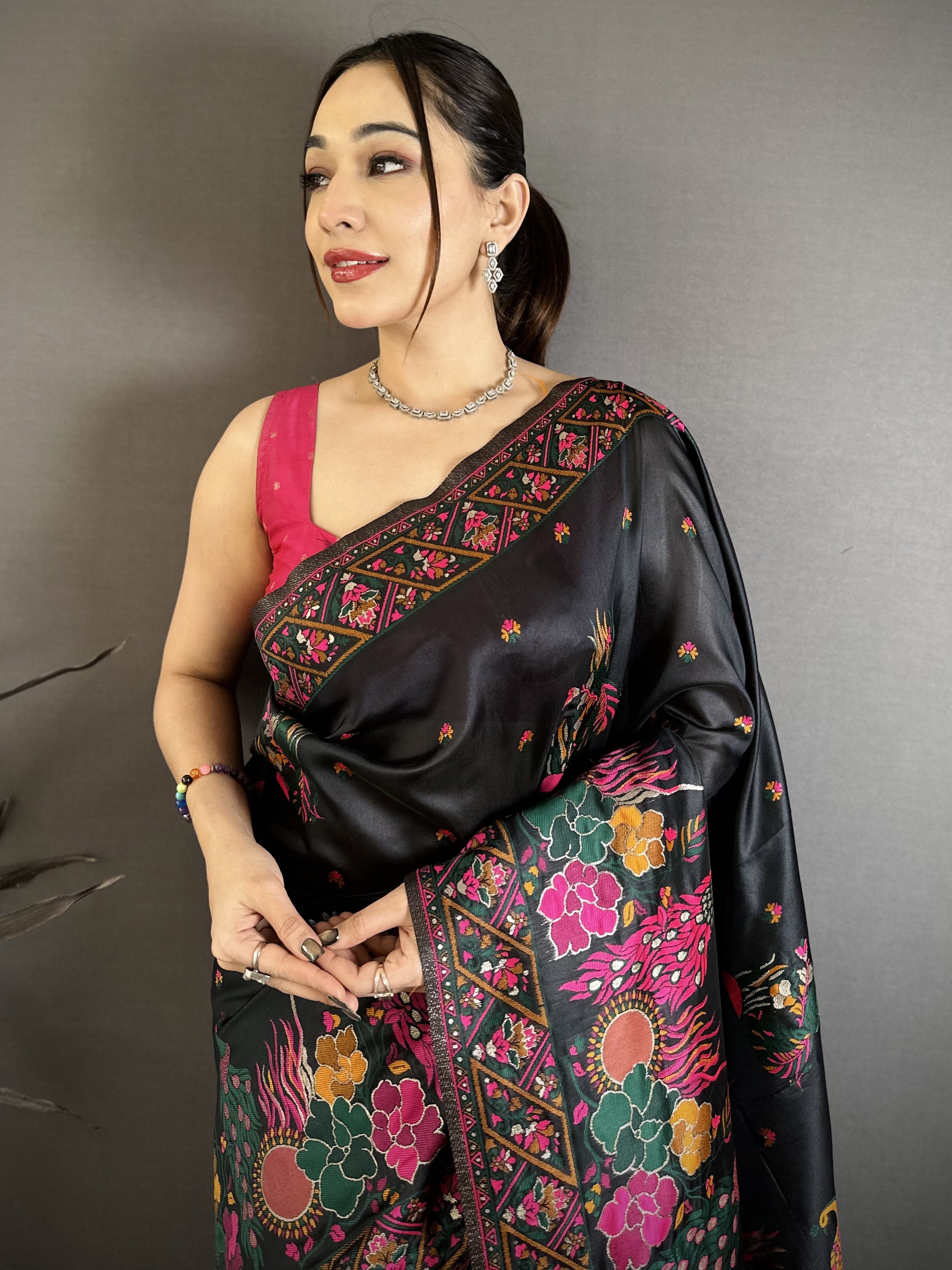 Black Pashmina Kashmiri Saree