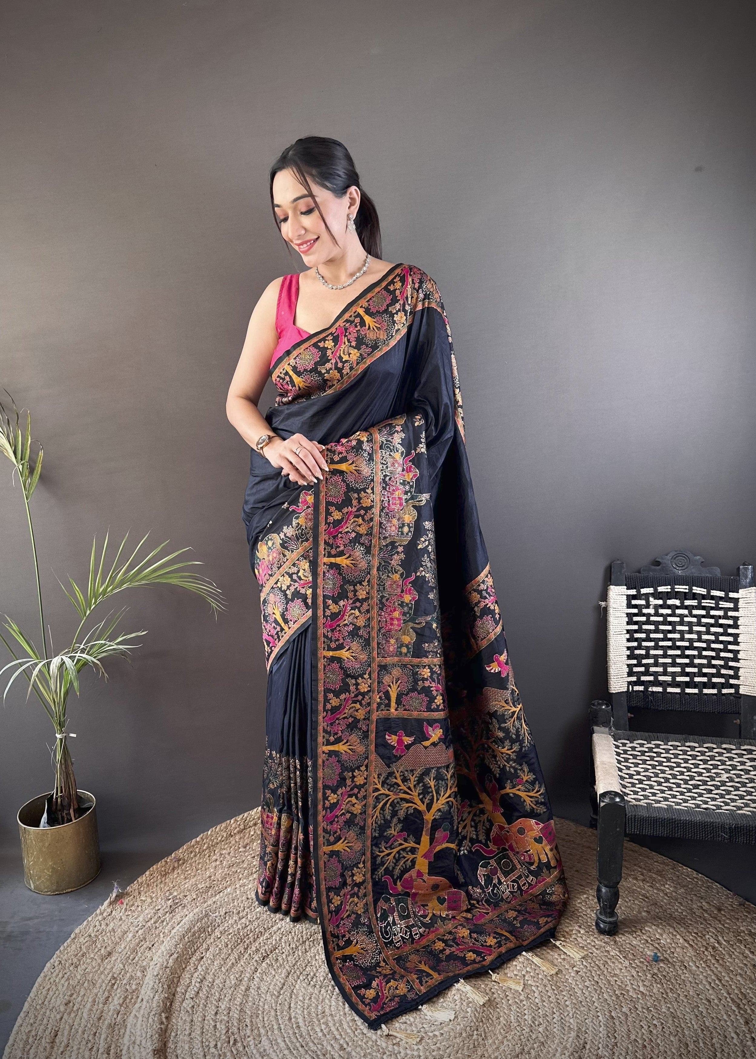 Black Pashmina Kashmiri Saree