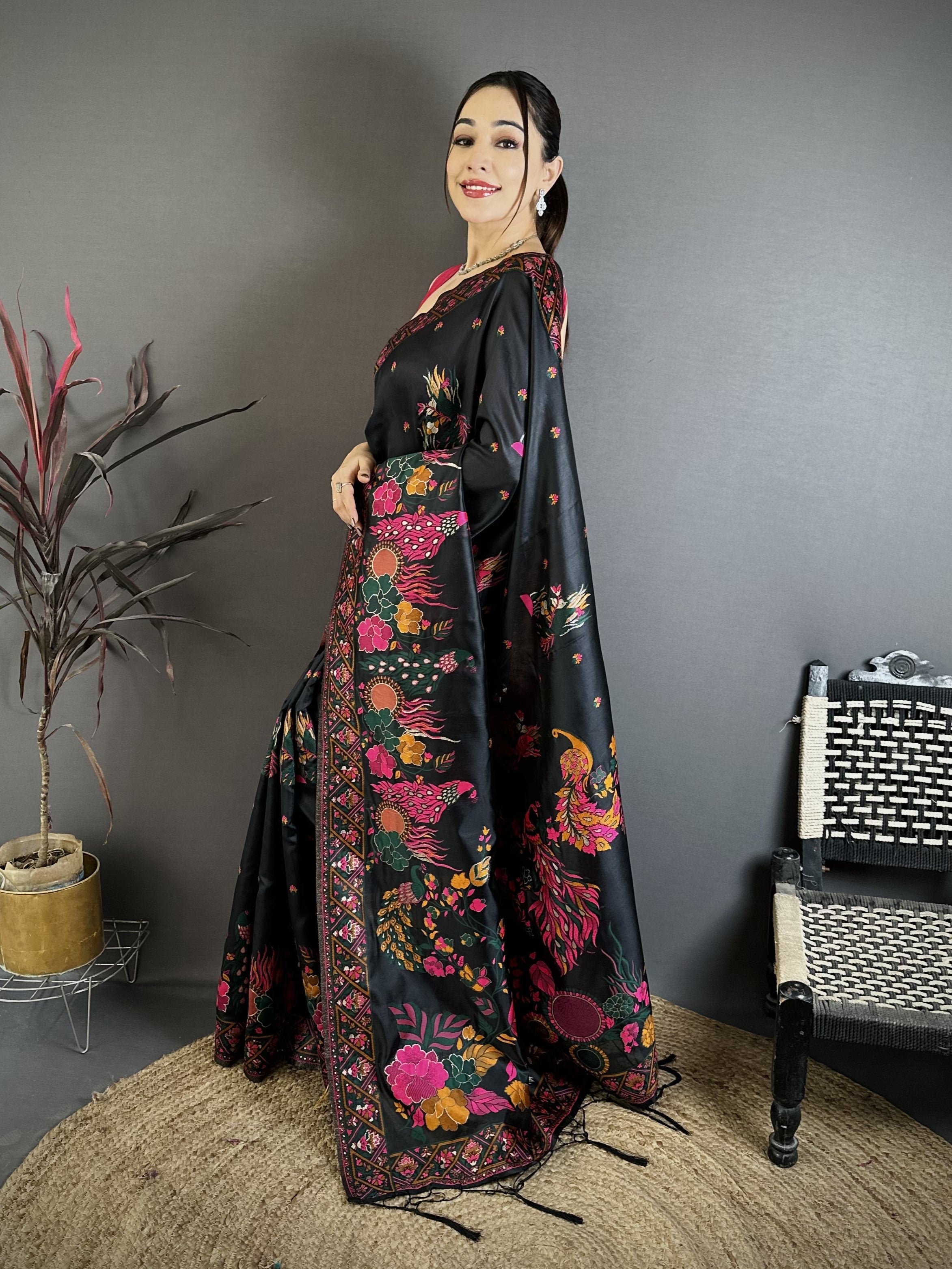 Black Pashmina Kashmiri Saree